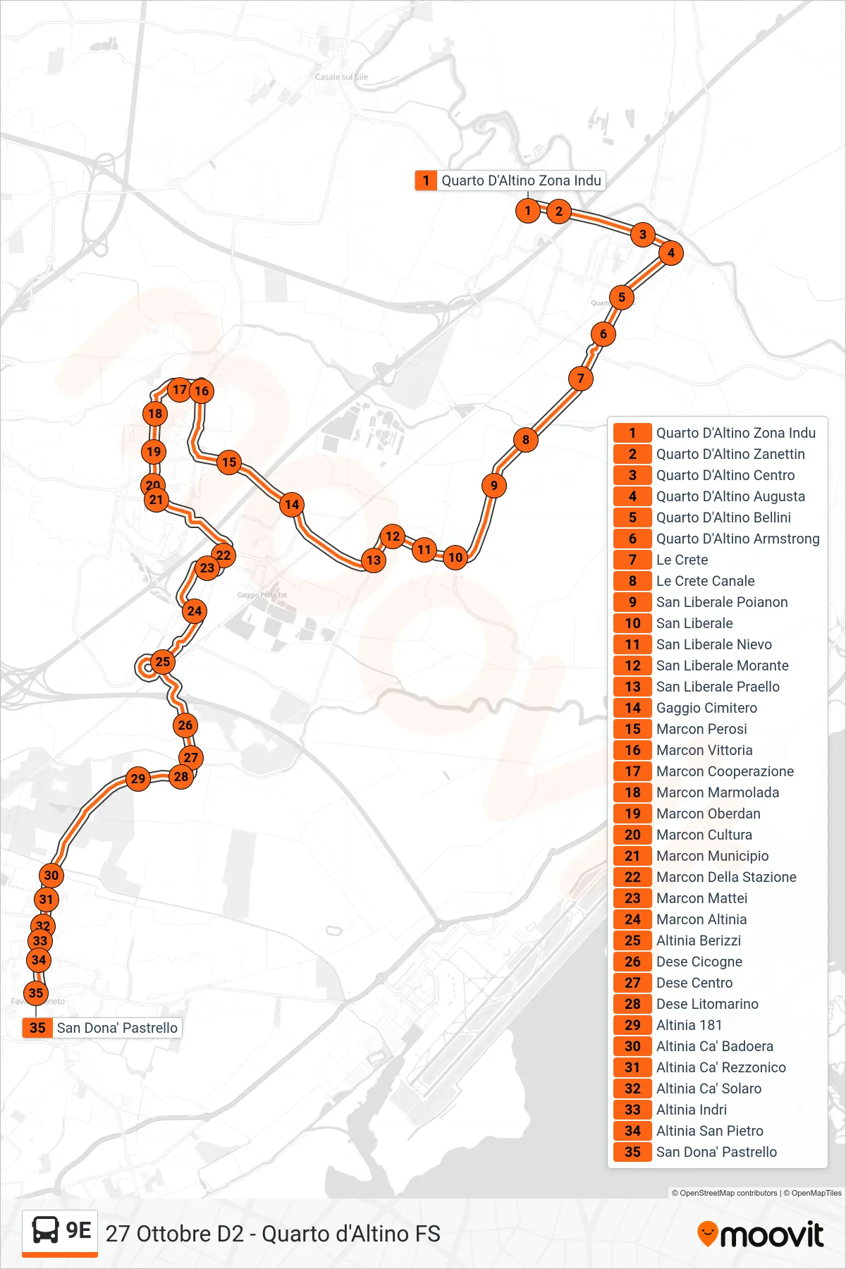 Linea 9E  bus (San Dona' Pastrello) - Percorsi e fermate sulla mappa