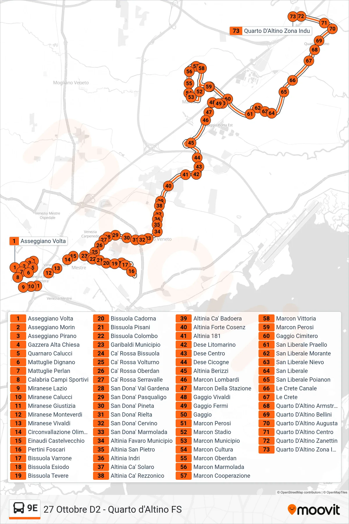Linea 9E bus (Quarto D'Altino Zona Indu) - Percorsi e fermate sulla mappa