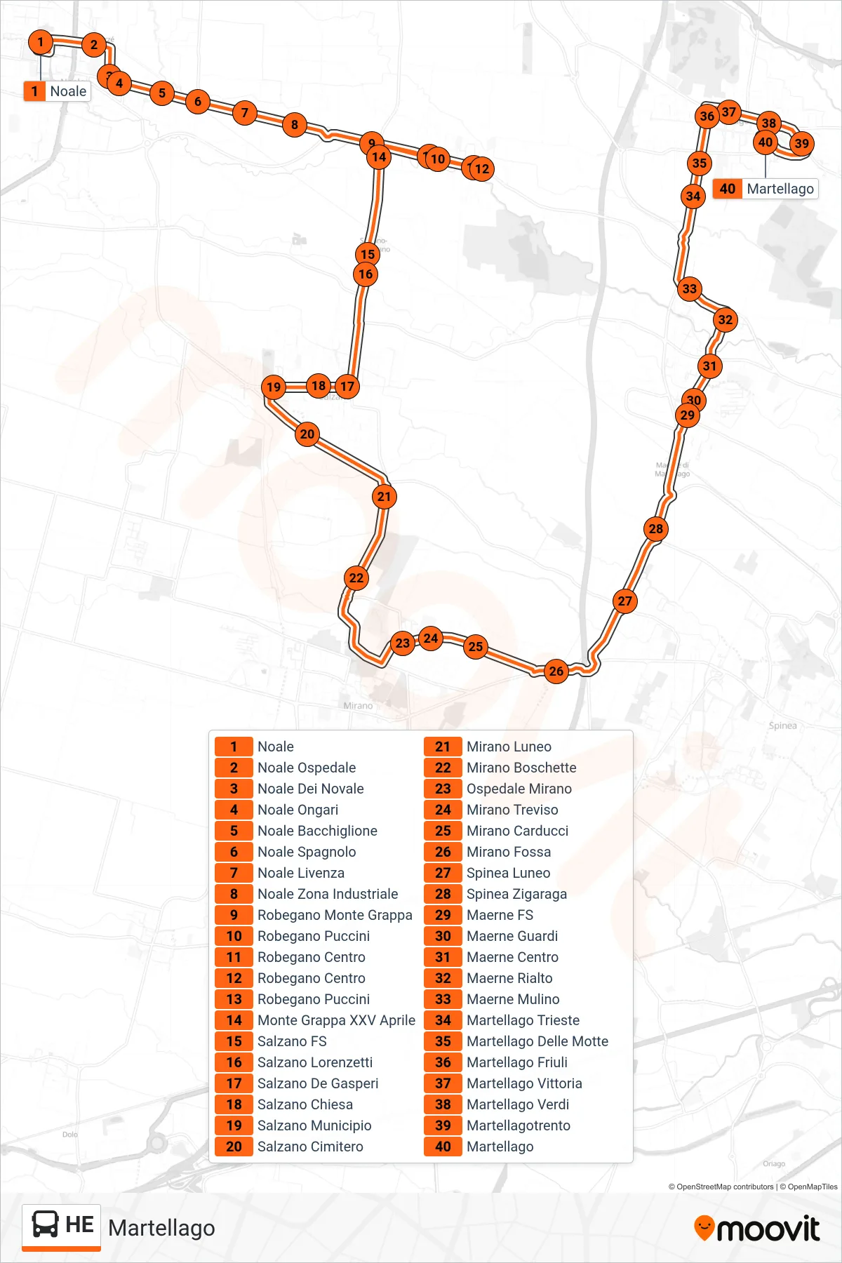 Linea HE  bus (Martellago) - Percorsi e fermate sulla mappa