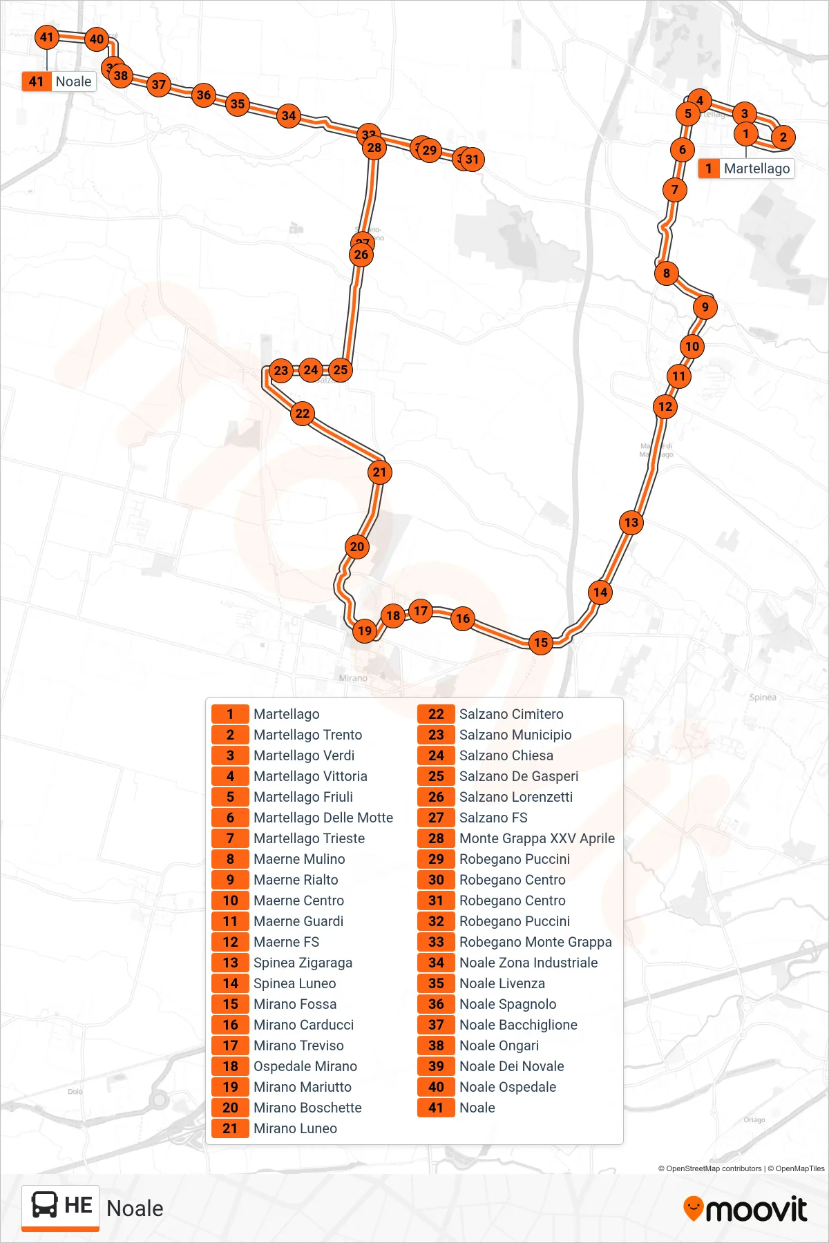 Linea HE bus (Noale) - Percorsi e fermate sulla mappa