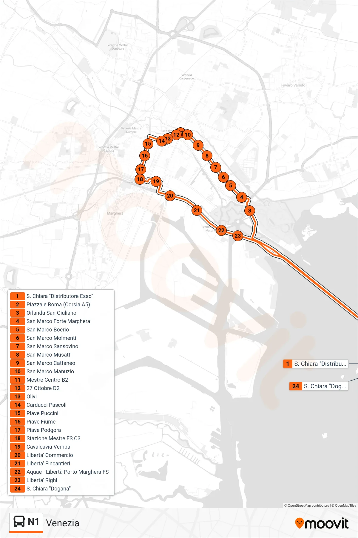 Linea N1 bus (Venezia) - Percorsi e fermate sulla mappa