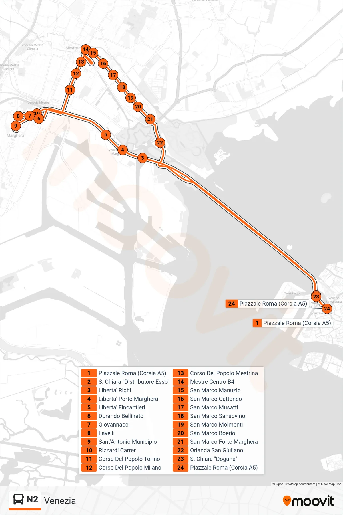 Linea N2  bus (Venezia) - Percorsi e fermate sulla mappa