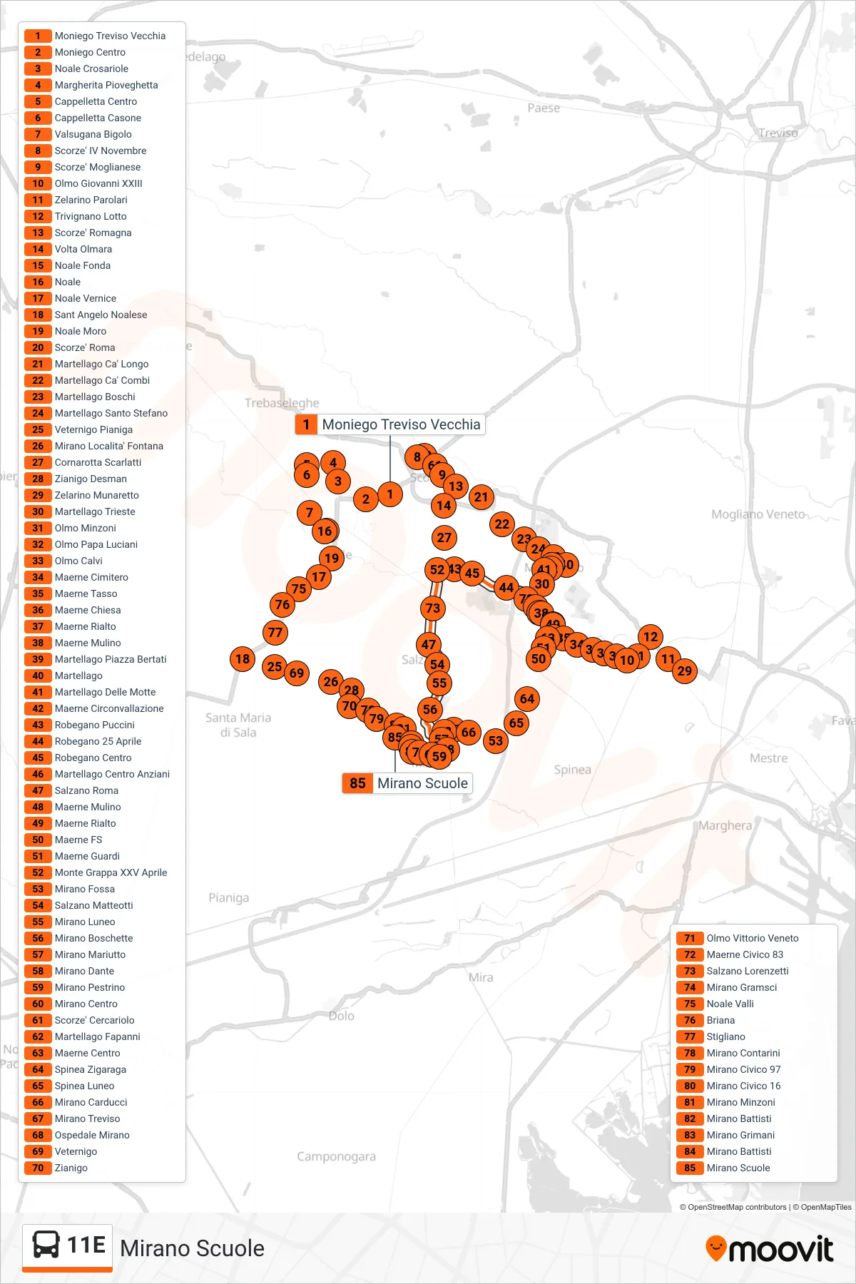 Linea 11E bus (Mirano Scuole) - Percorsi e fermate sulla mappa