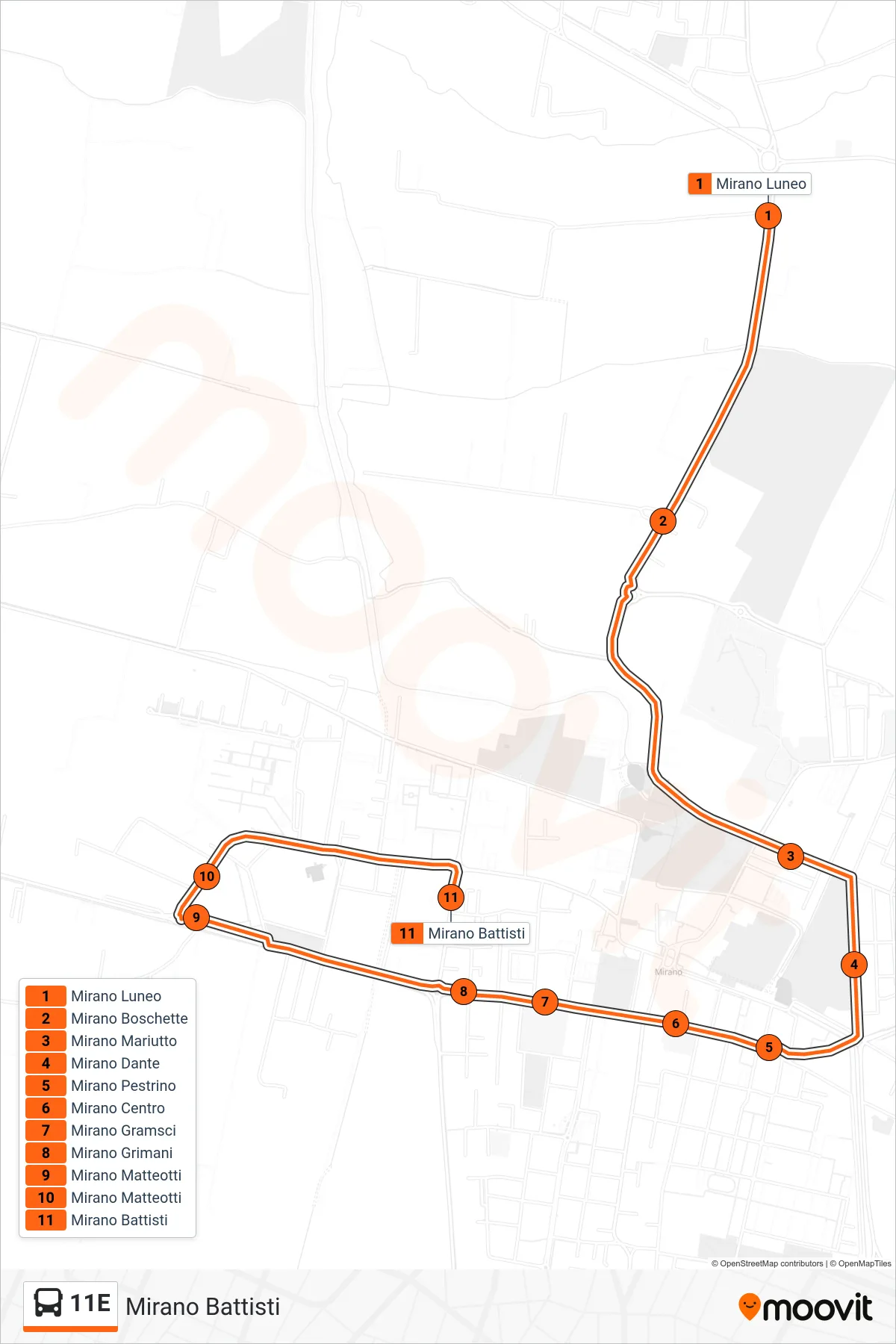 Linea 11E bus (Mirano Battisti) - Percorsi e fermate sulla mappa