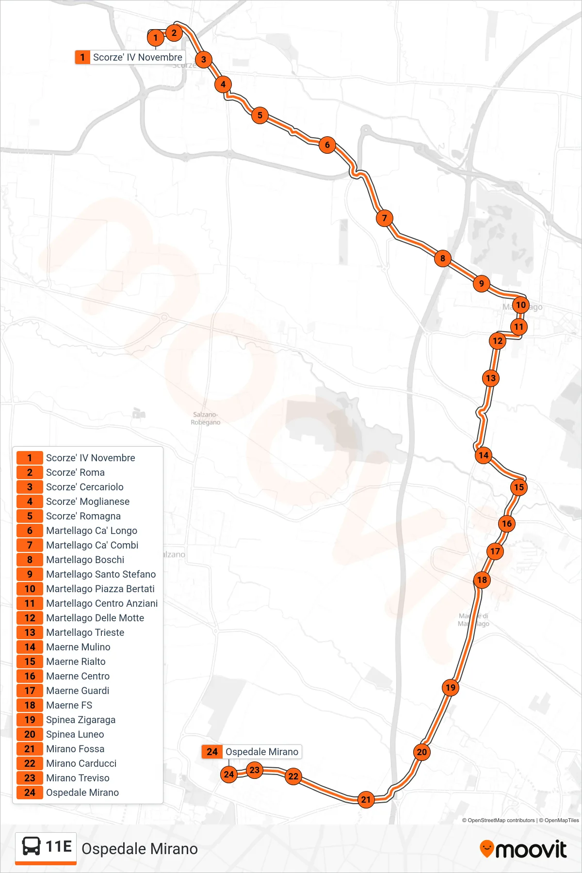 Linea 11E bus (Ospedale Mirano) - Percorsi e fermate sulla mappa