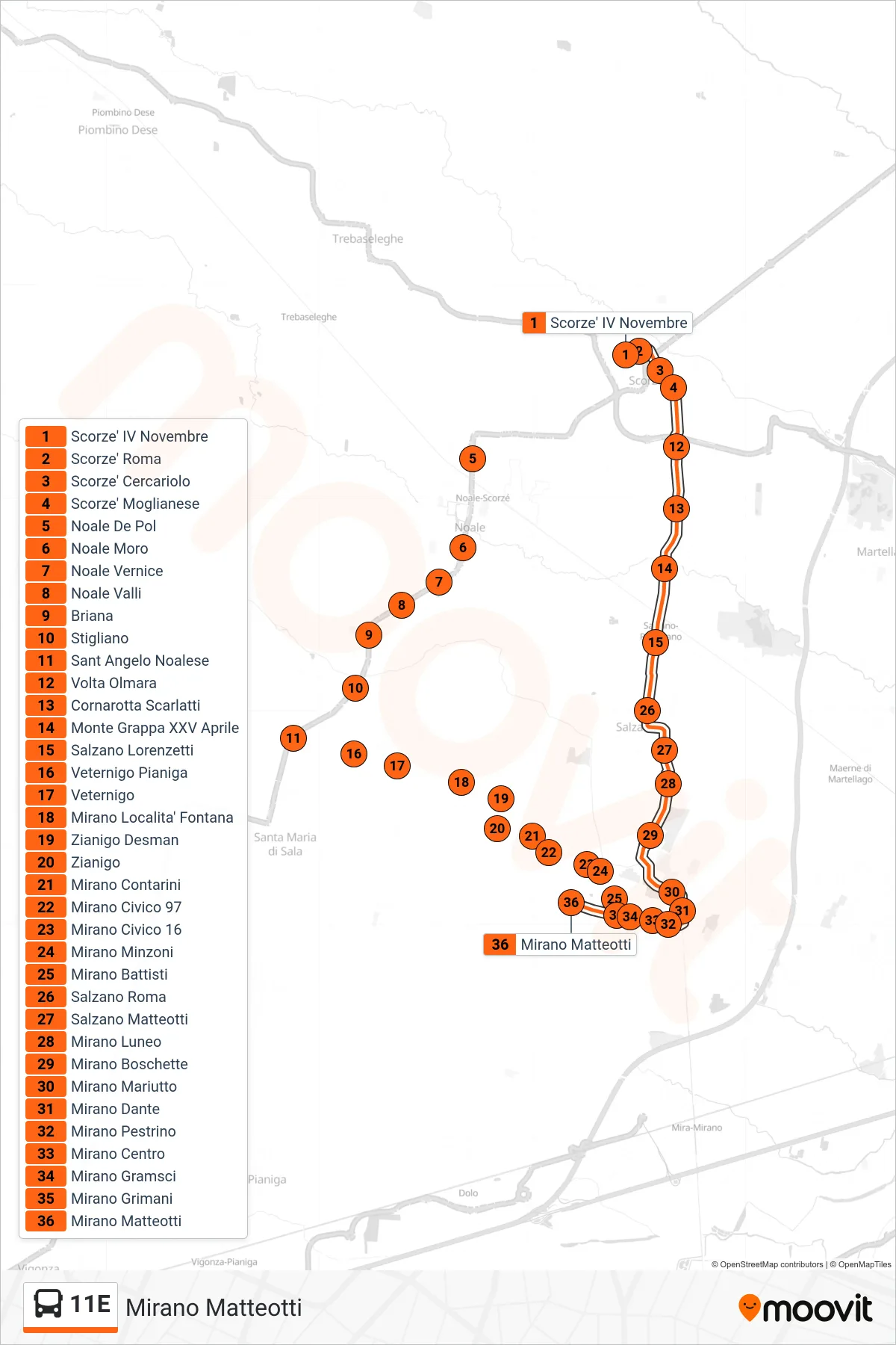 Linea 11E bus (Mirano Matteotti) - Percorsi e fermate sulla mappa