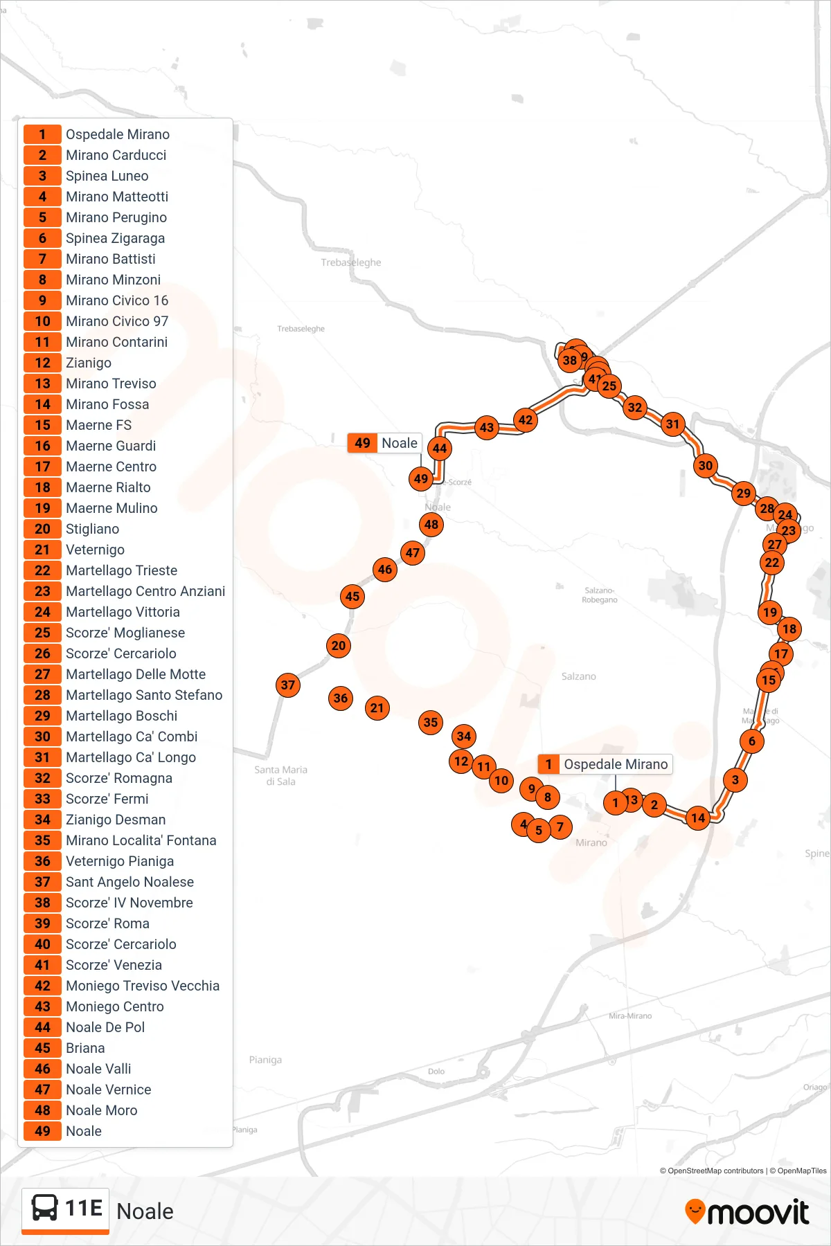 Linea 11E bus (Noale) - Percorsi e fermate sulla mappa