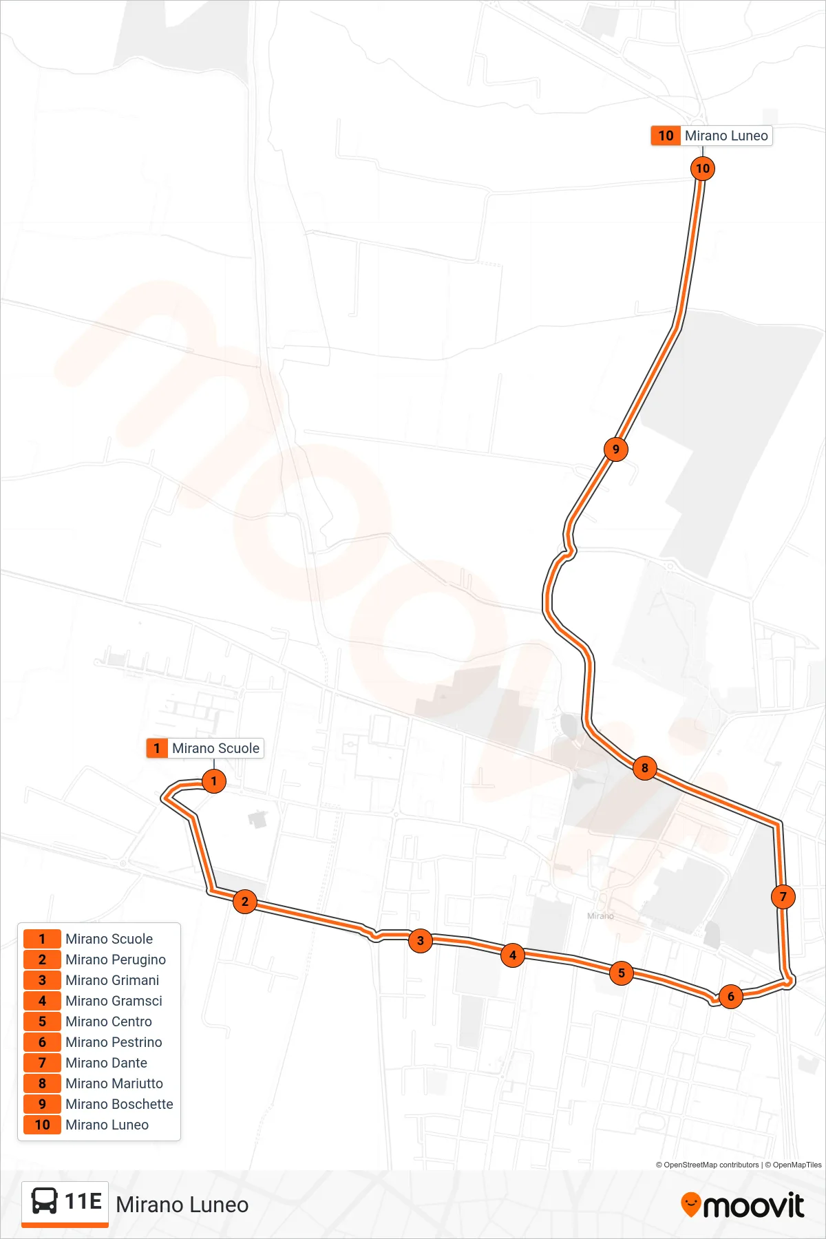 Linea 11E  bus (Mirano Luneo) - Percorsi e fermate sulla mappa