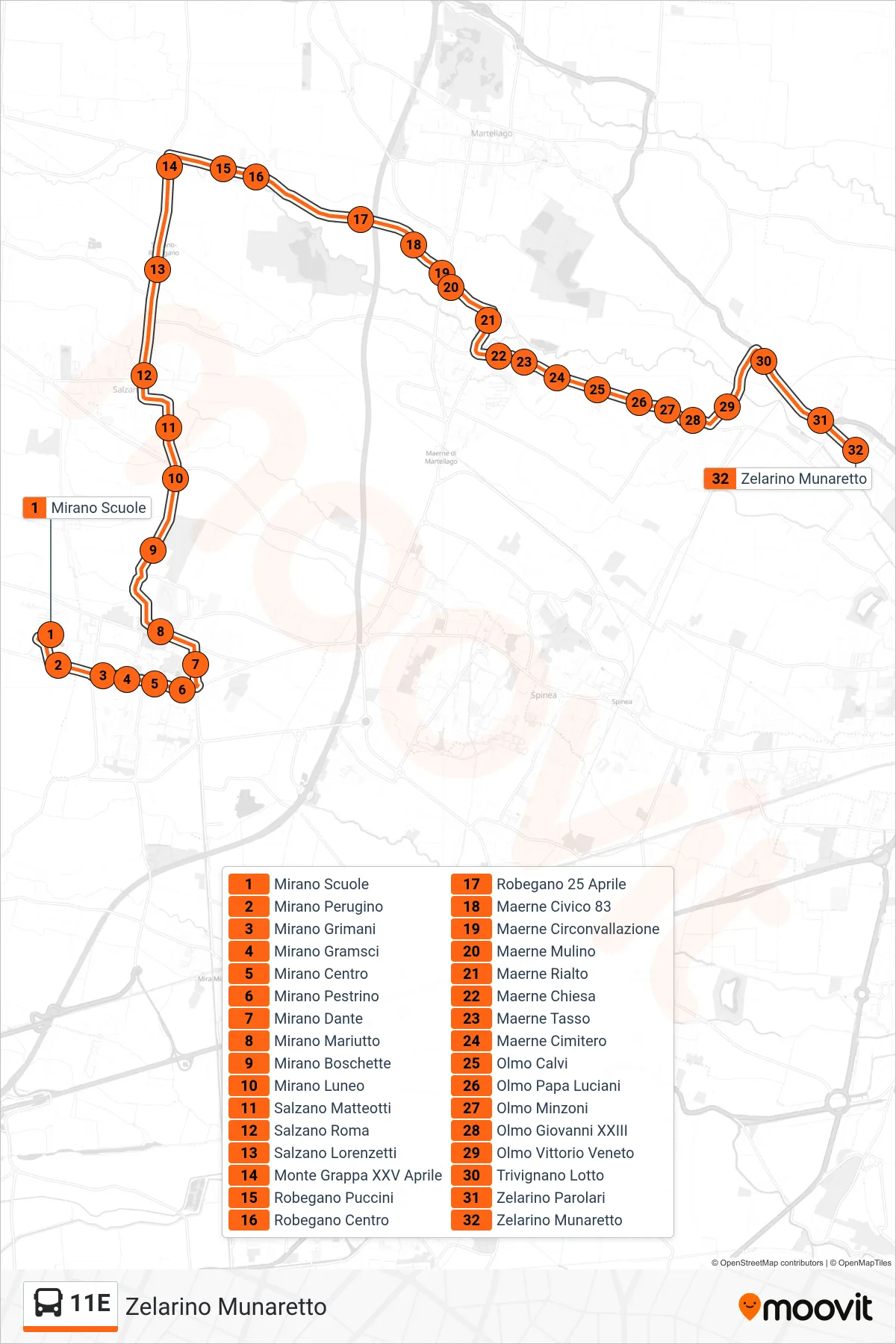 Linea 11E  bus (Zelarino Munaretto) - Percorsi e fermate sulla mappa