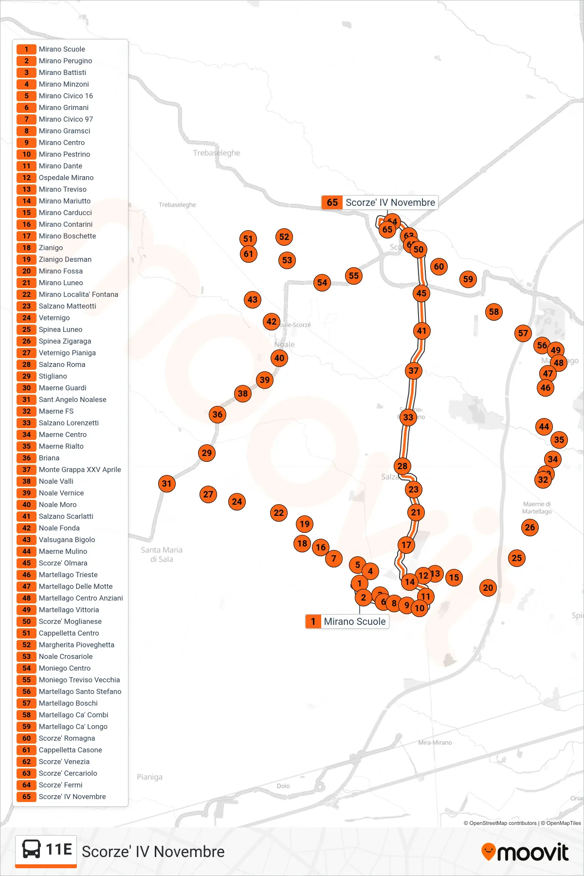 Linea 11E bus (Scorze' IV Novembre) - Percorsi e fermate sulla mappa