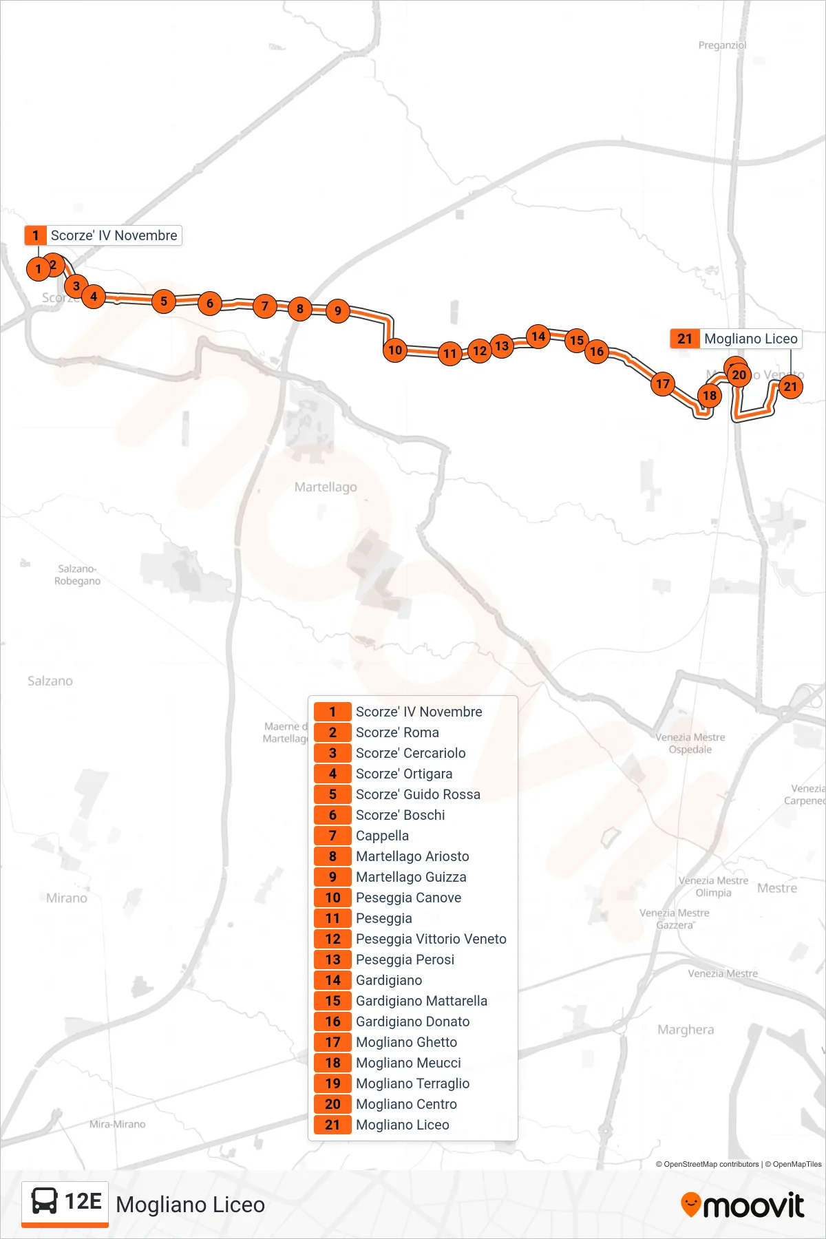 Linea 12E bus (Mogliano Liceo) - Percorsi e fermate sulla mappa