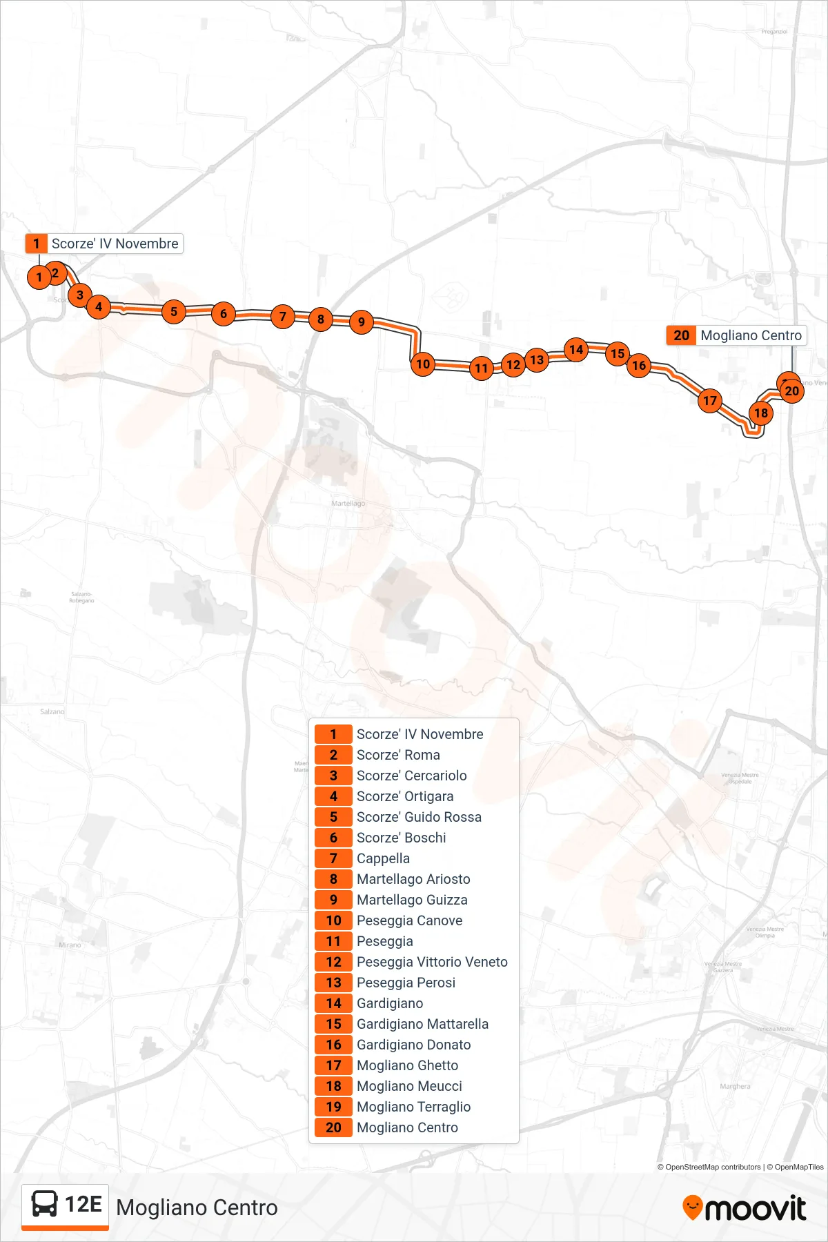 Linea 12E bus (Mogliano Centro) - Percorsi e fermate sulla mappa