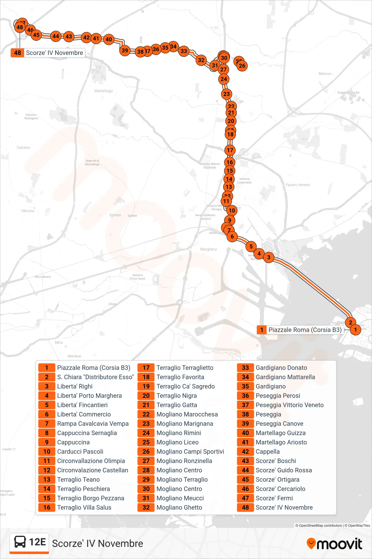 Linea 12E bus (Scorze' IV Novembre) - Percorsi e fermate sulla mappa