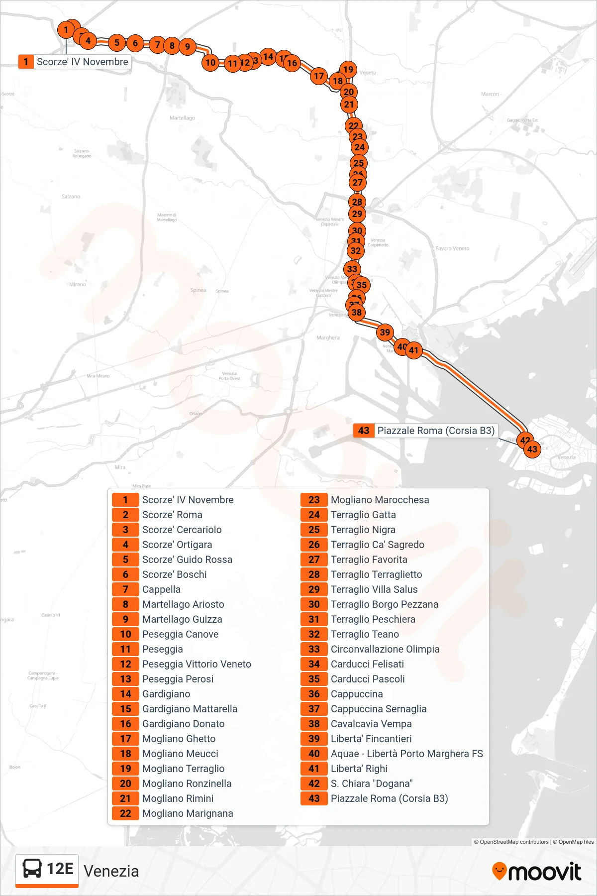 Linea 12E  bus (Venezia) - Percorsi e fermate sulla mappa