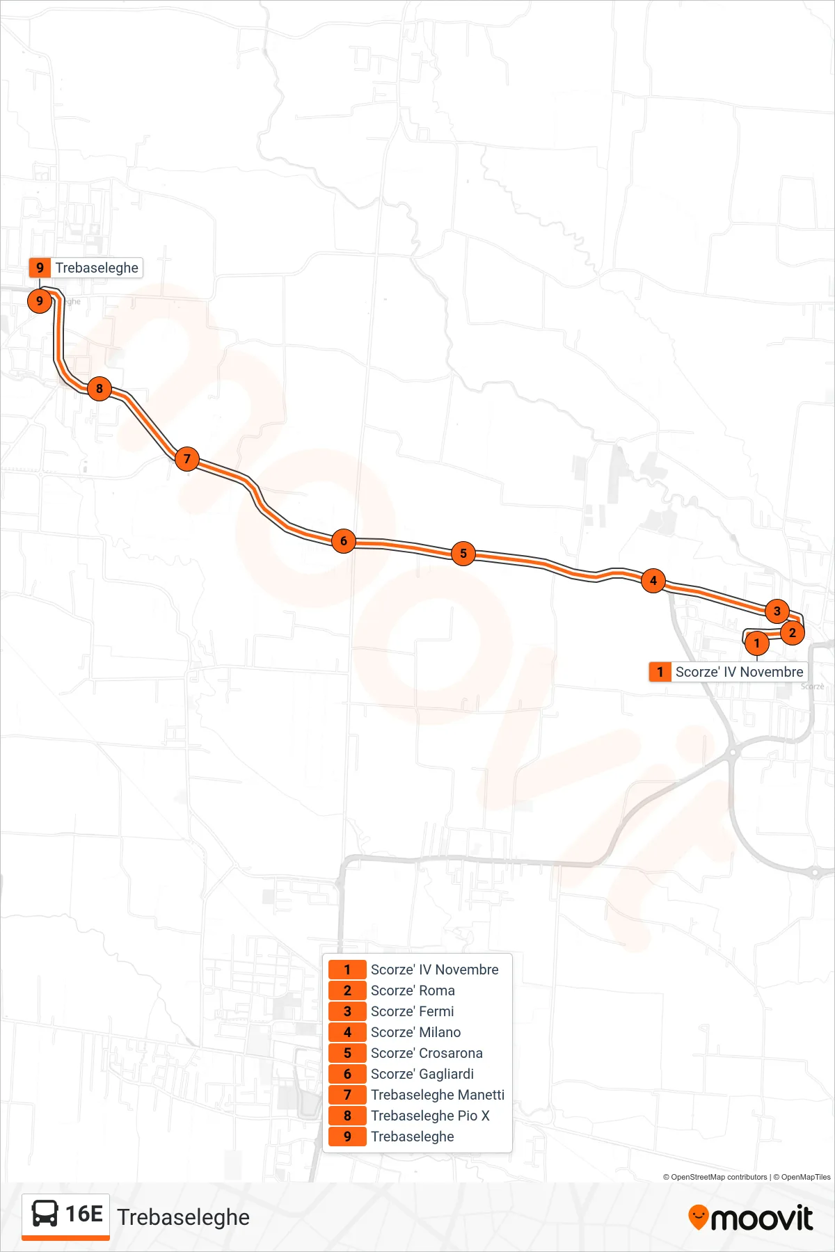 Linea 16E bus (Trebaseleghe) - Percorsi e fermate sulla mappa