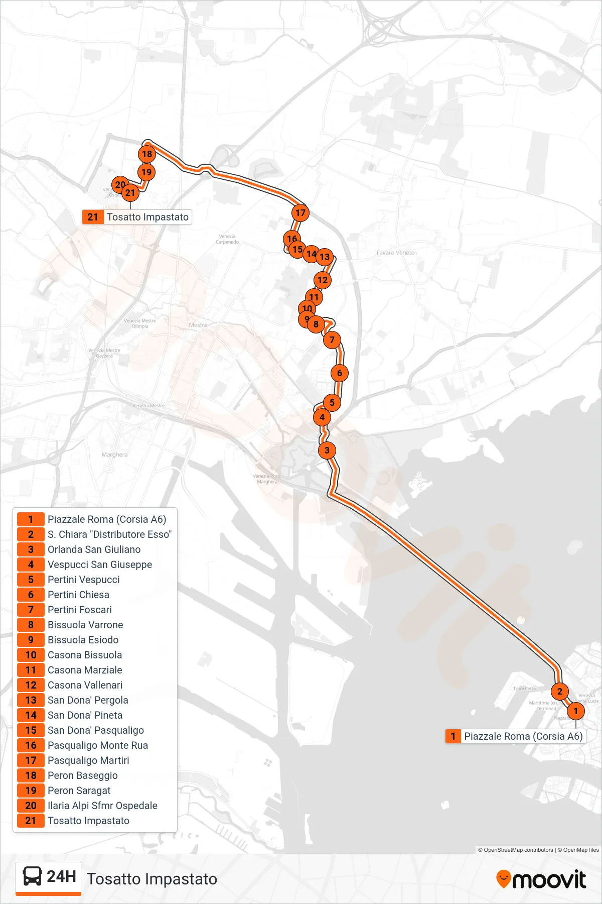 Linea 24H bus (Tosatto Impastato) - Percorsi e fermate sulla mappa