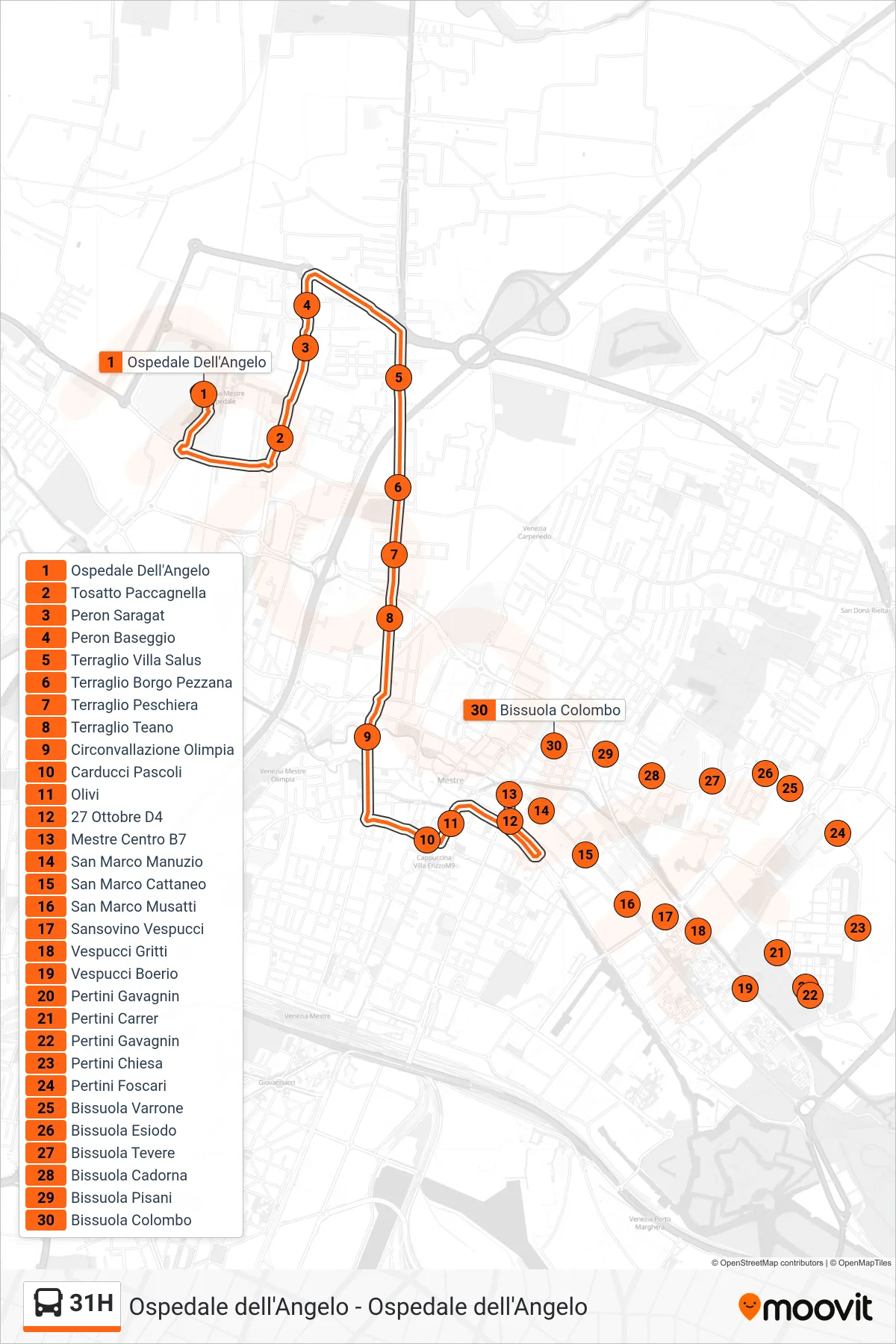 Linea 31H bus (Mestre Centro B7) - Percorsi e fermate sulla mappa