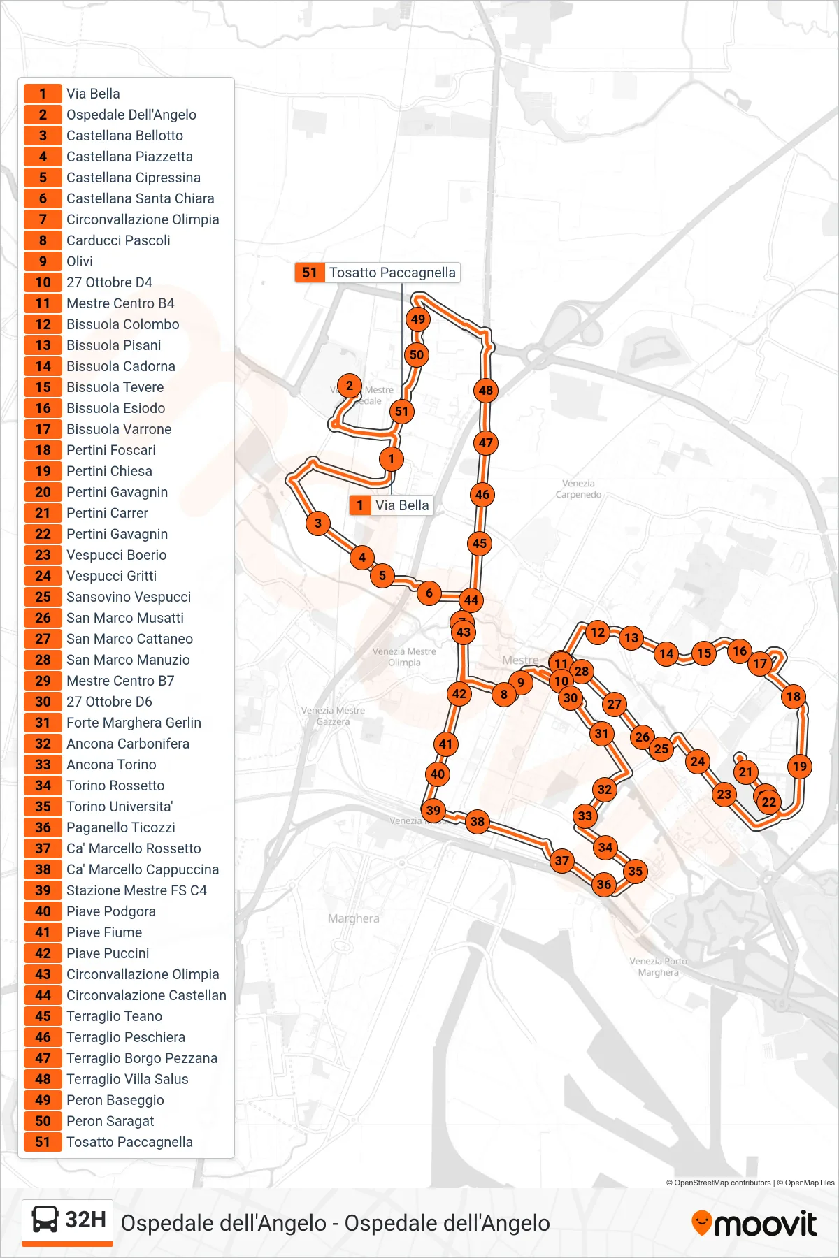 Linea 32H bus (Ospedale Dell'Angelo) - Percorsi e fermate sulla mappa