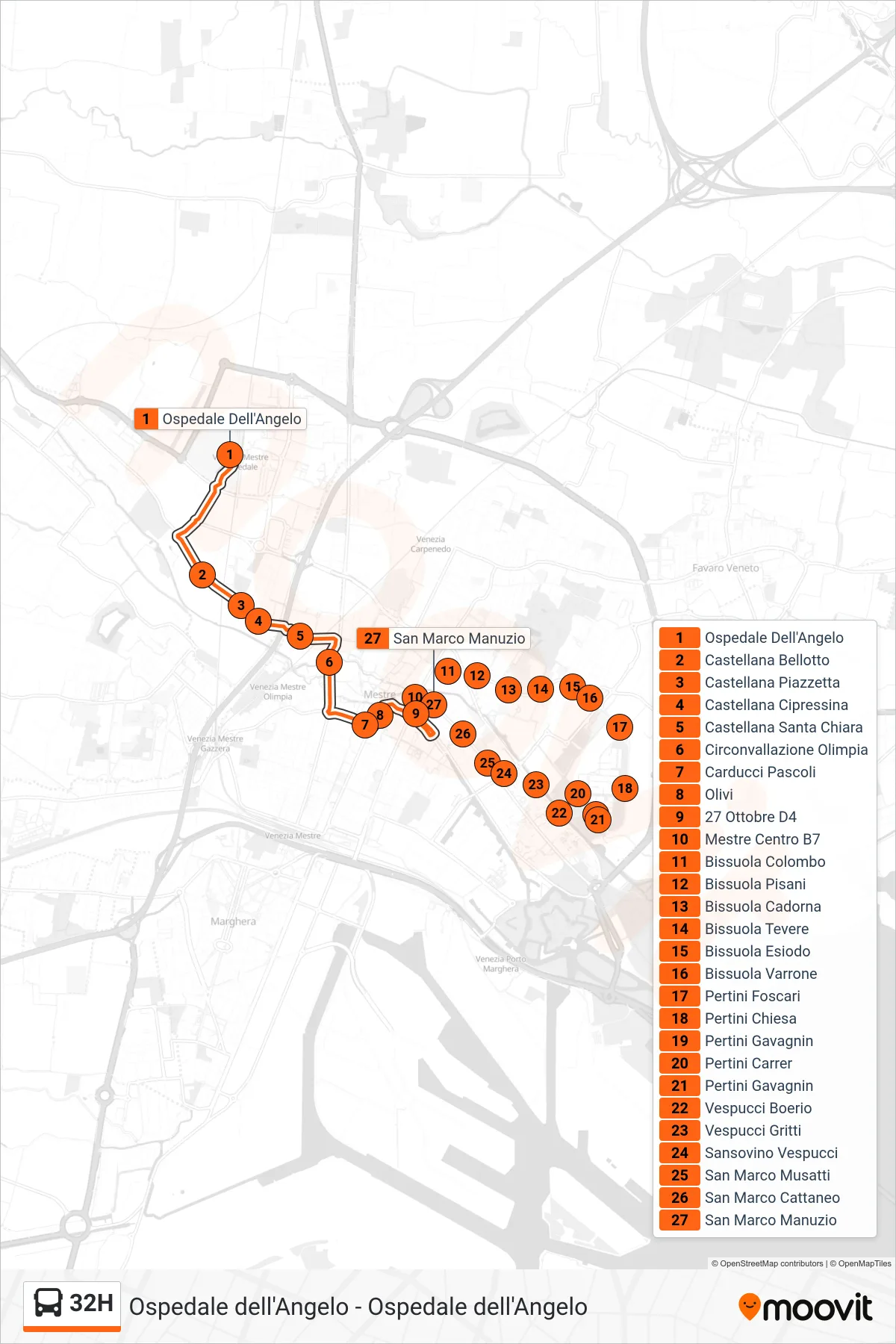 Linea 32H bus (Mestre Centro B7) - Percorsi e fermate sulla mappa