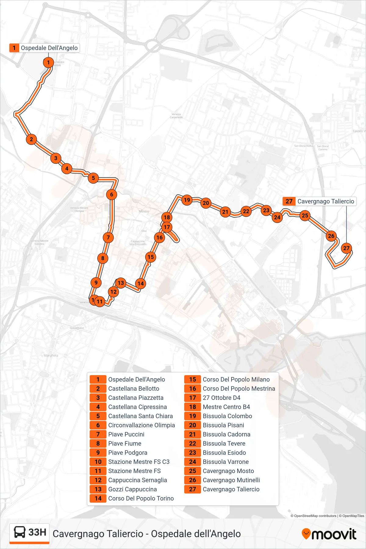 Linea 33H bus (Cavergnago Taliercio) - Percorsi e fermate sulla mappa