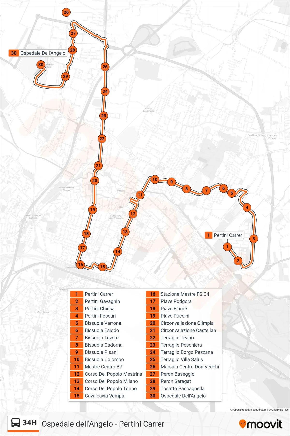 Linea 34H bus (Ospedale Dell'Angelo) - Percorsi e fermate sulla mappa