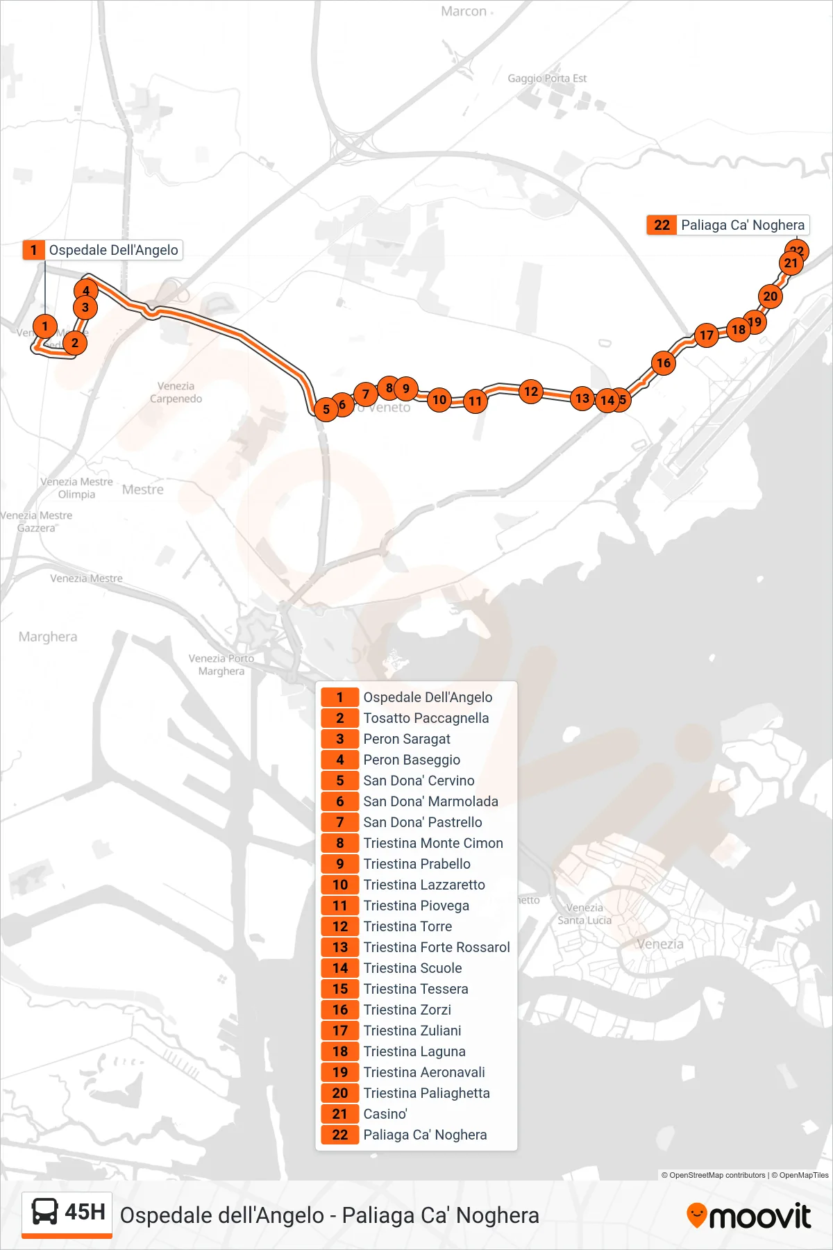 Linea 45H  bus (Paliaga Ca' Noghera) - Percorsi e fermate sulla mappa