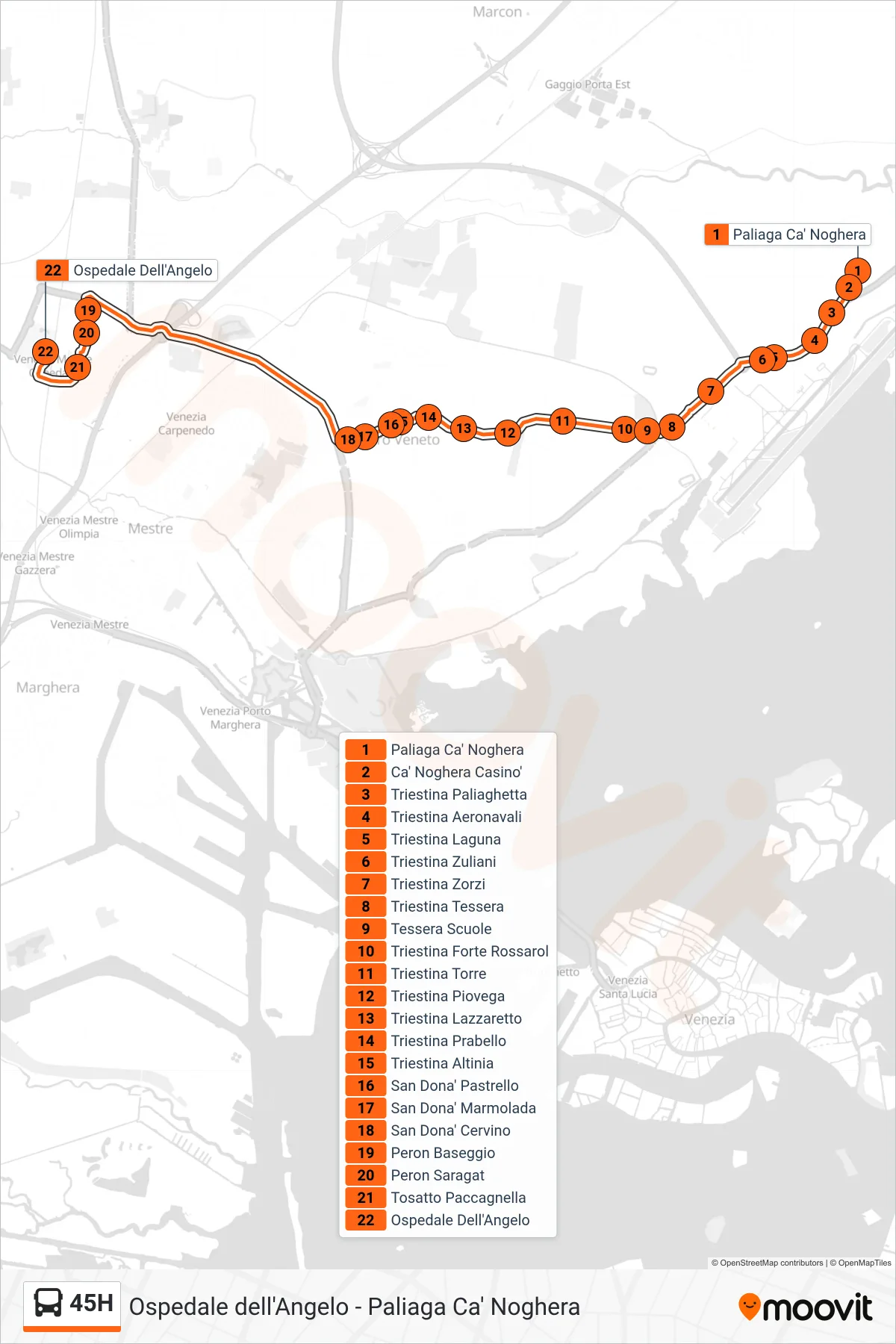 Linea 45H bus (Ospedale Dell'Angelo) - Percorsi e fermate sulla mappa