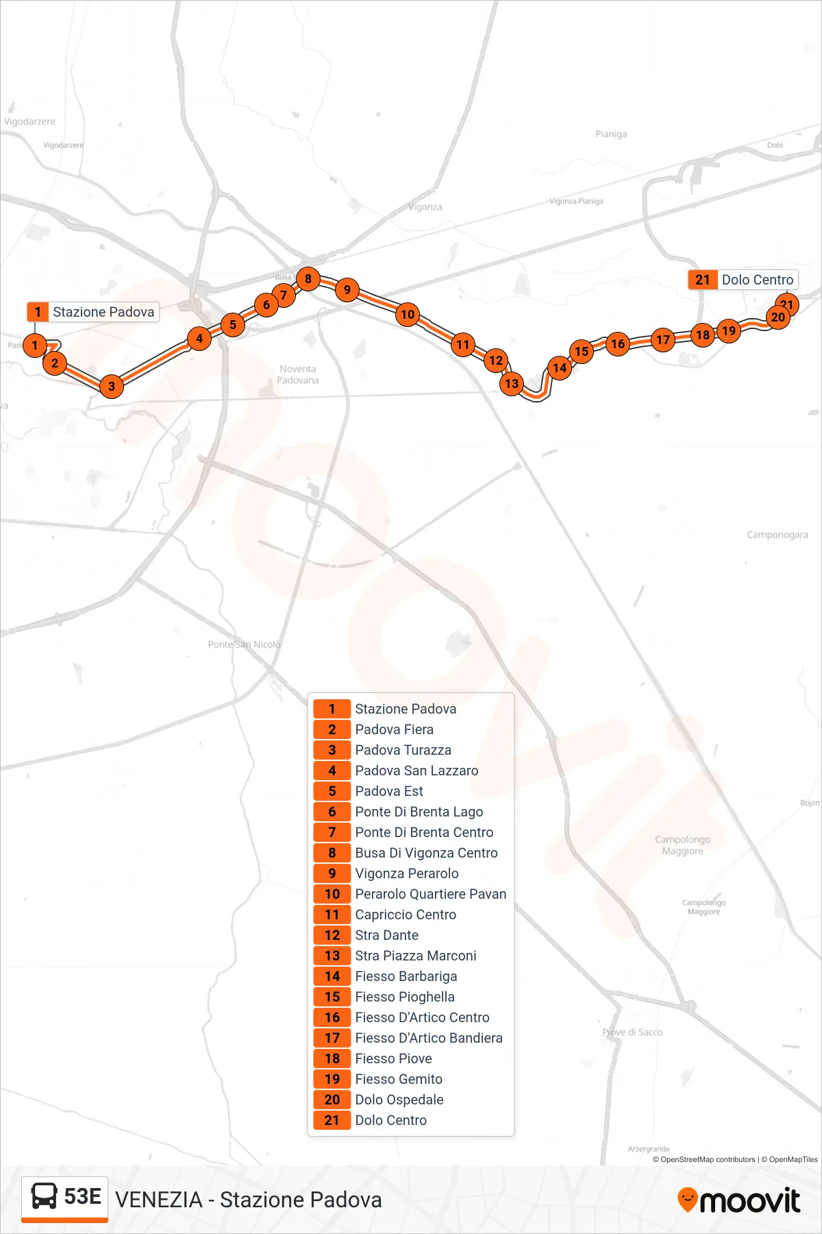 Linea 53E bus (Dolo Centro) - Percorsi e fermate sulla mappa