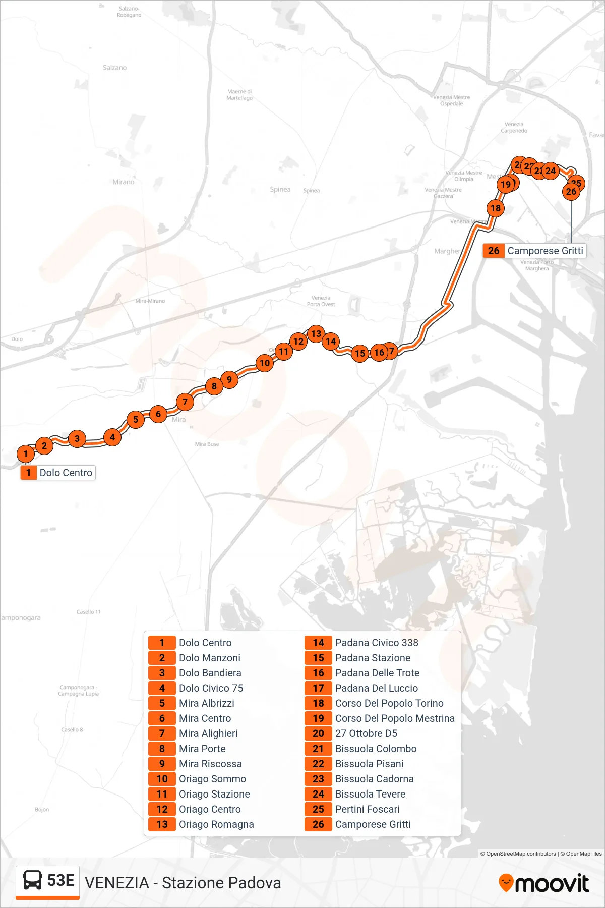 Linea 53E bus (Camporese Gritti) - Percorsi e fermate sulla mappa