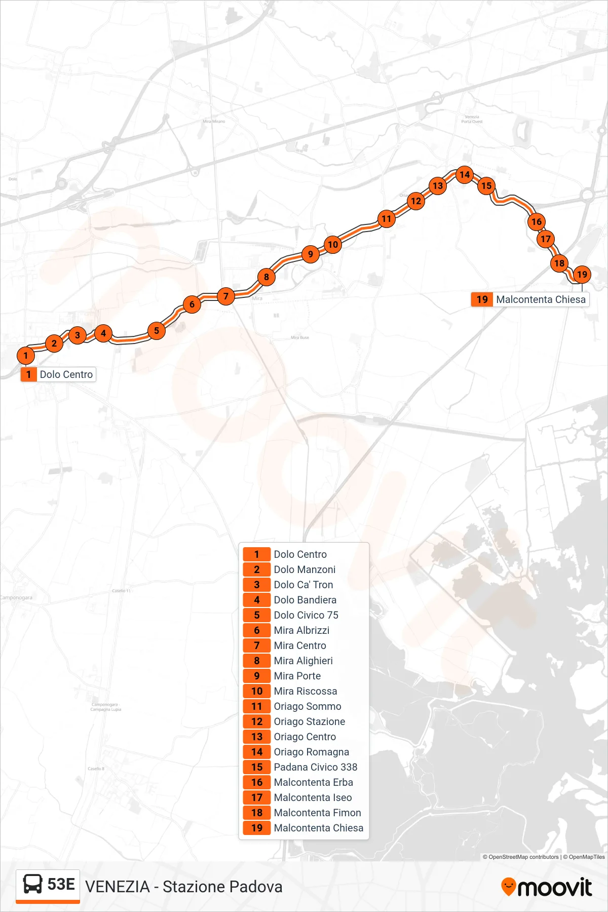 Linea 53E bus (Malcontenta Chiesa) - Percorsi e fermate sulla mappa