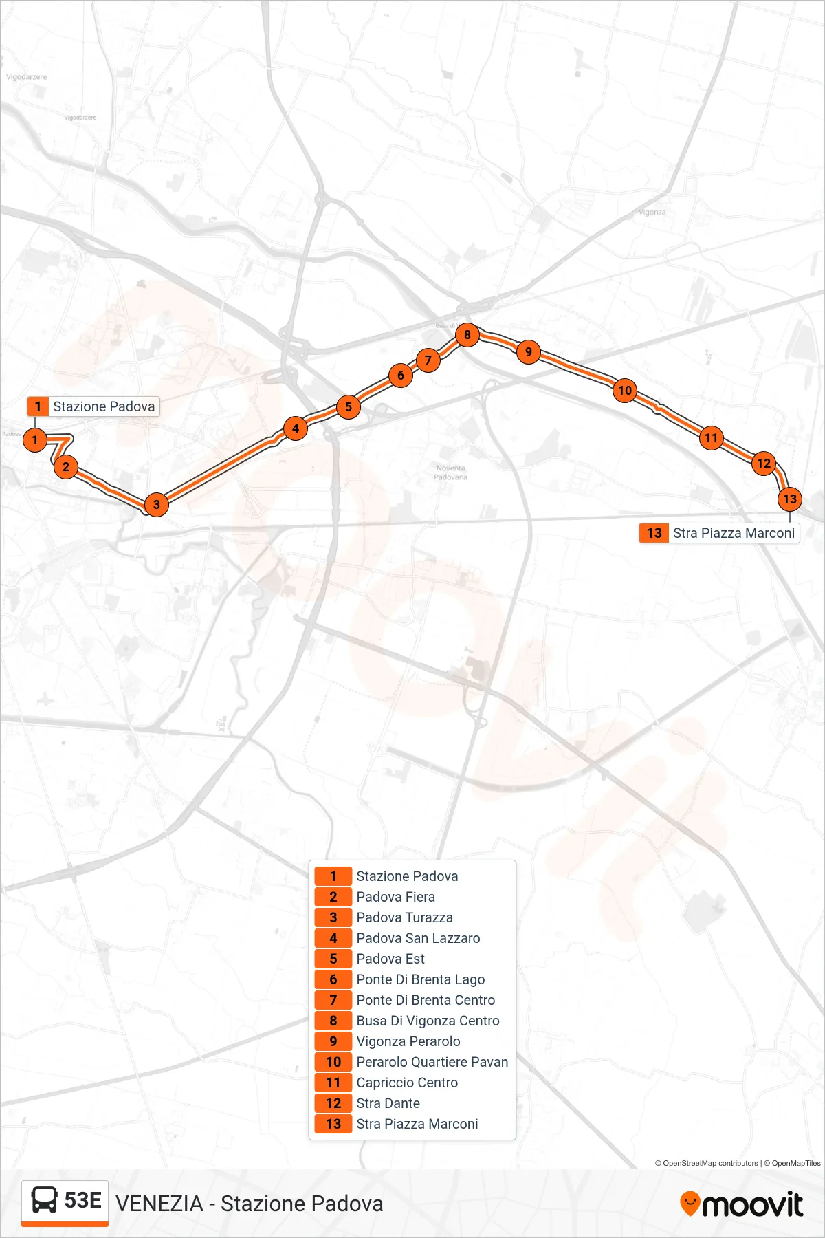 Linea 53E bus (Stra Piazza Marconi) - Percorsi e fermate sulla mappa