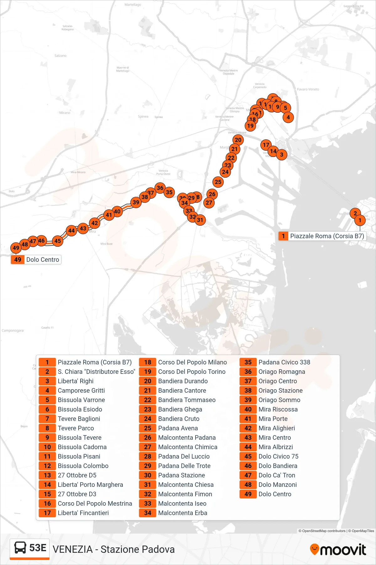 53E bus Line (Dolo Center) route and stops on a map