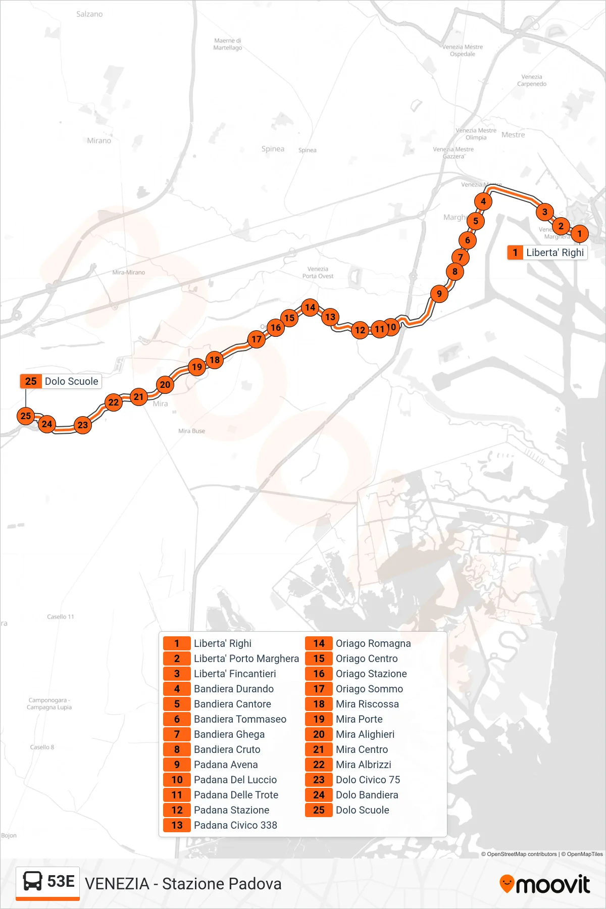 53E bus Line (Dolo Schools) route and stops on a map