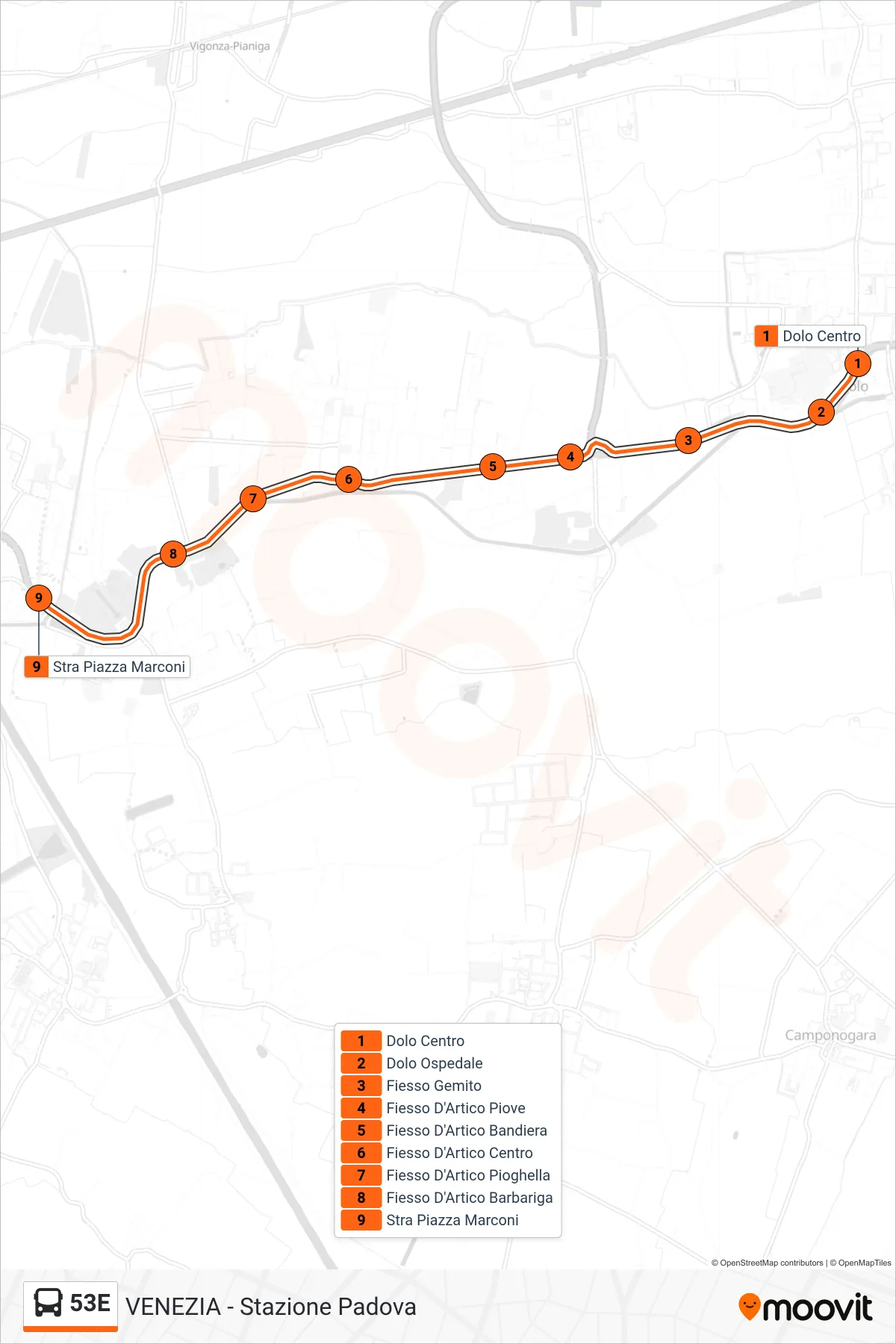Linea 53E bus (Stra Piazza Marconi) - Percorsi e fermate sulla mappa