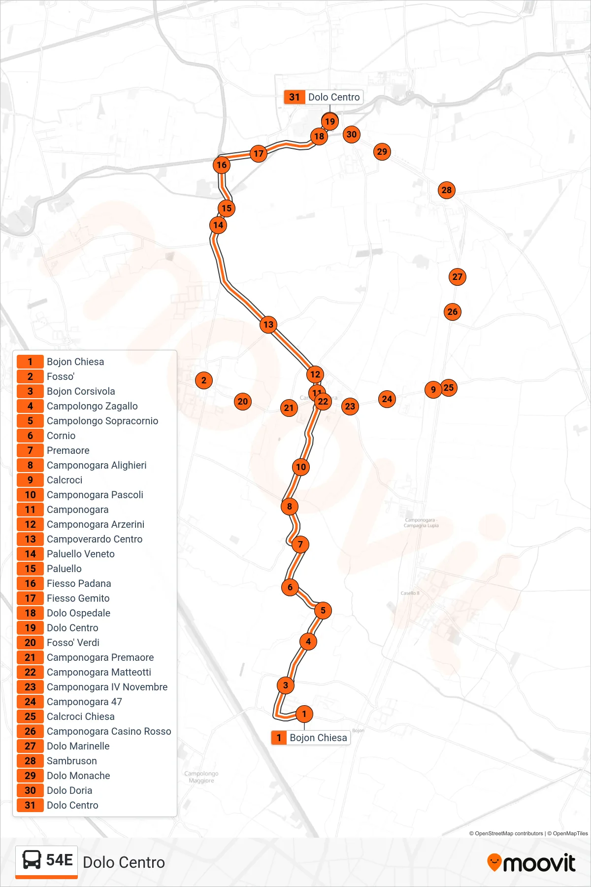 Linea 54E  bus (Dolo Centro) - Percorsi e fermate sulla mappa