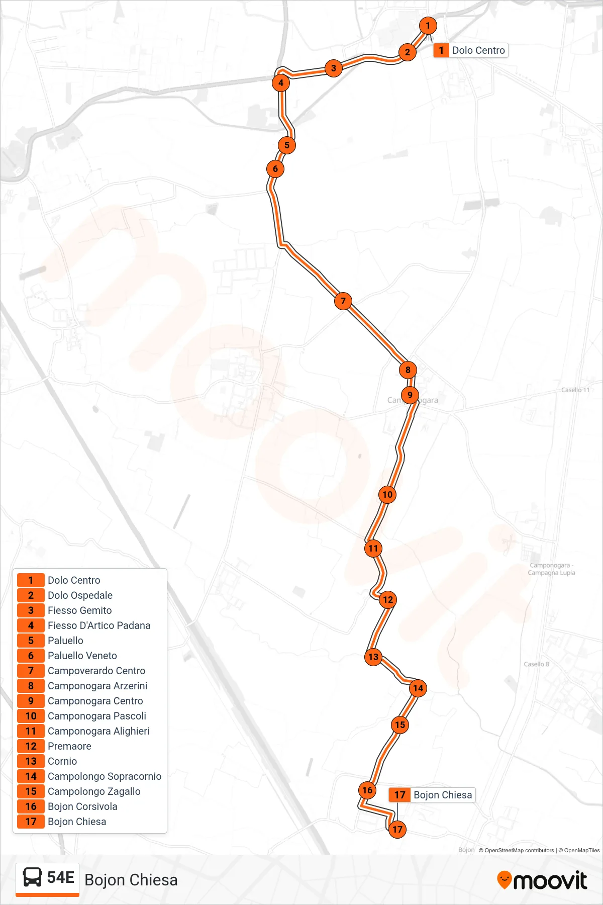 Linea 54E bus (Bojon Chiesa) - Percorsi e fermate sulla mappa