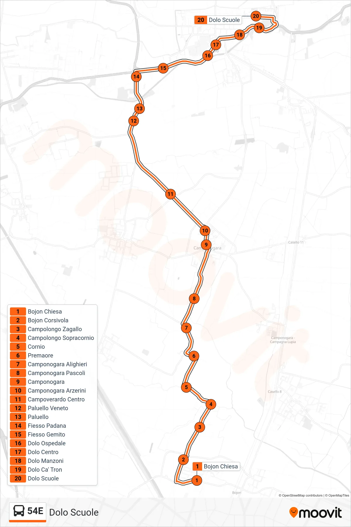Linea 54E bus (Dolo Scuole) - Percorsi e fermate sulla mappa