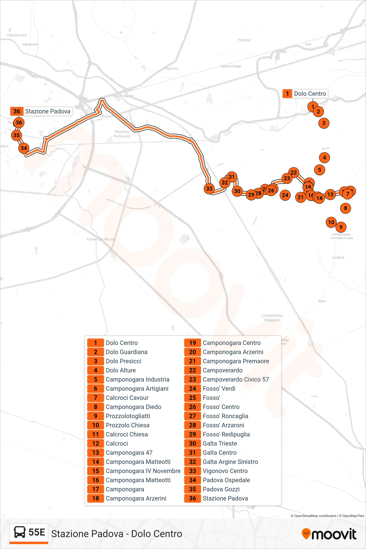 Linea 55E bus (Stazione Padova) - Percorsi e fermate sulla mappa