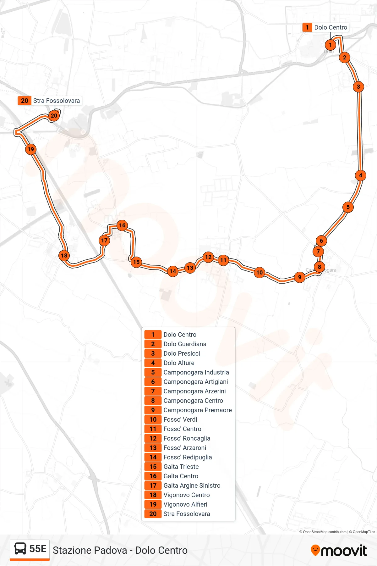Linea 55E  bus (Stra Fossolovara) - Percorsi e fermate sulla mappa