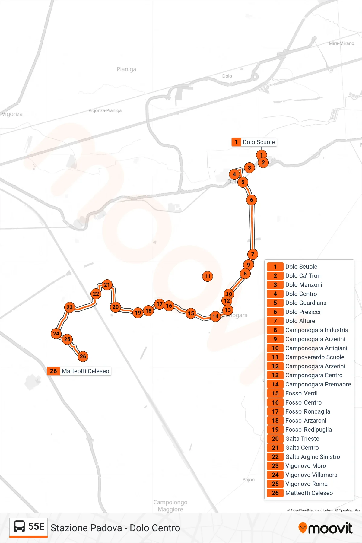 Linea 55E bus (Matteotti Celeseo) - Percorsi e fermate sulla mappa