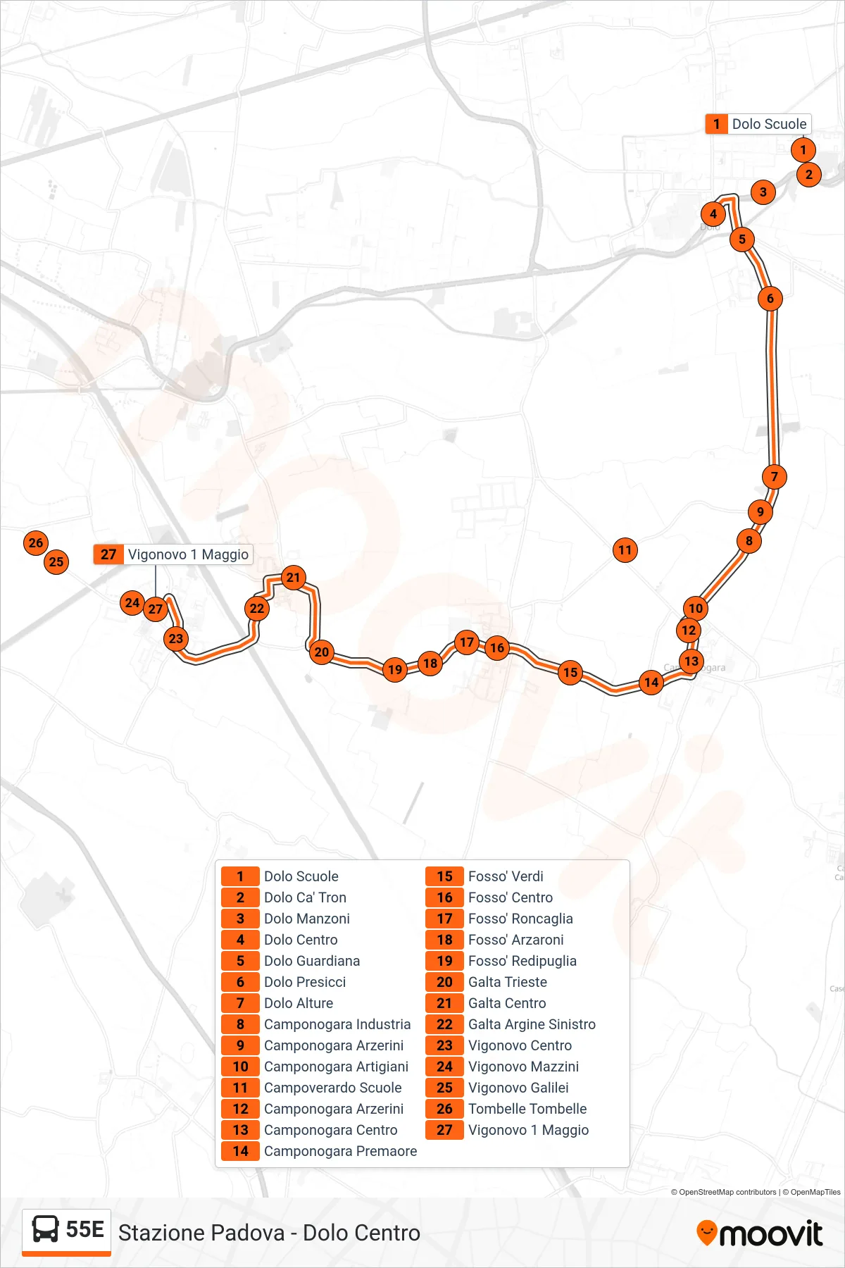 Linea 55E bus (Vigonovo 1 Maggio) - Percorsi e fermate sulla mappa