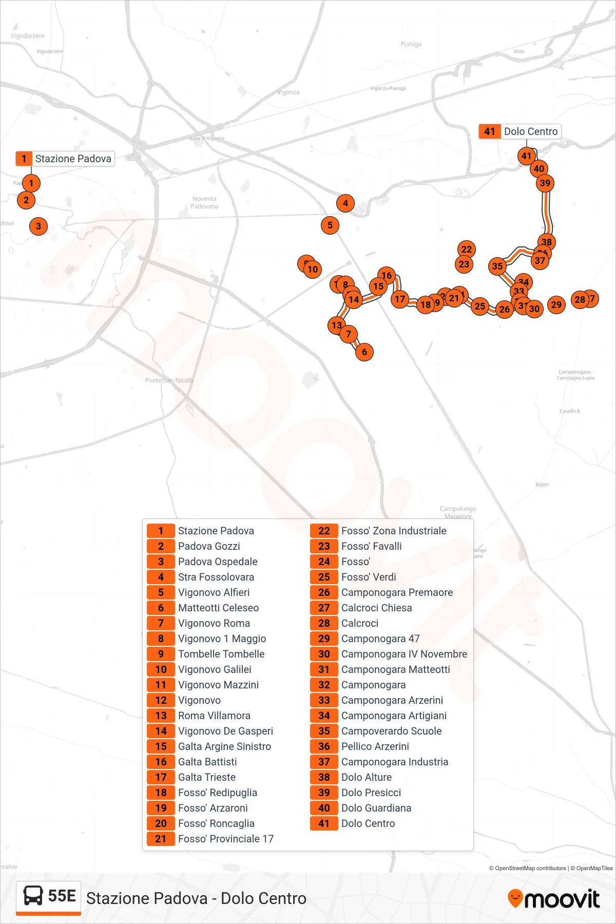Linea 55E bus (Dolo Centro) - Percorsi e fermate sulla mappa