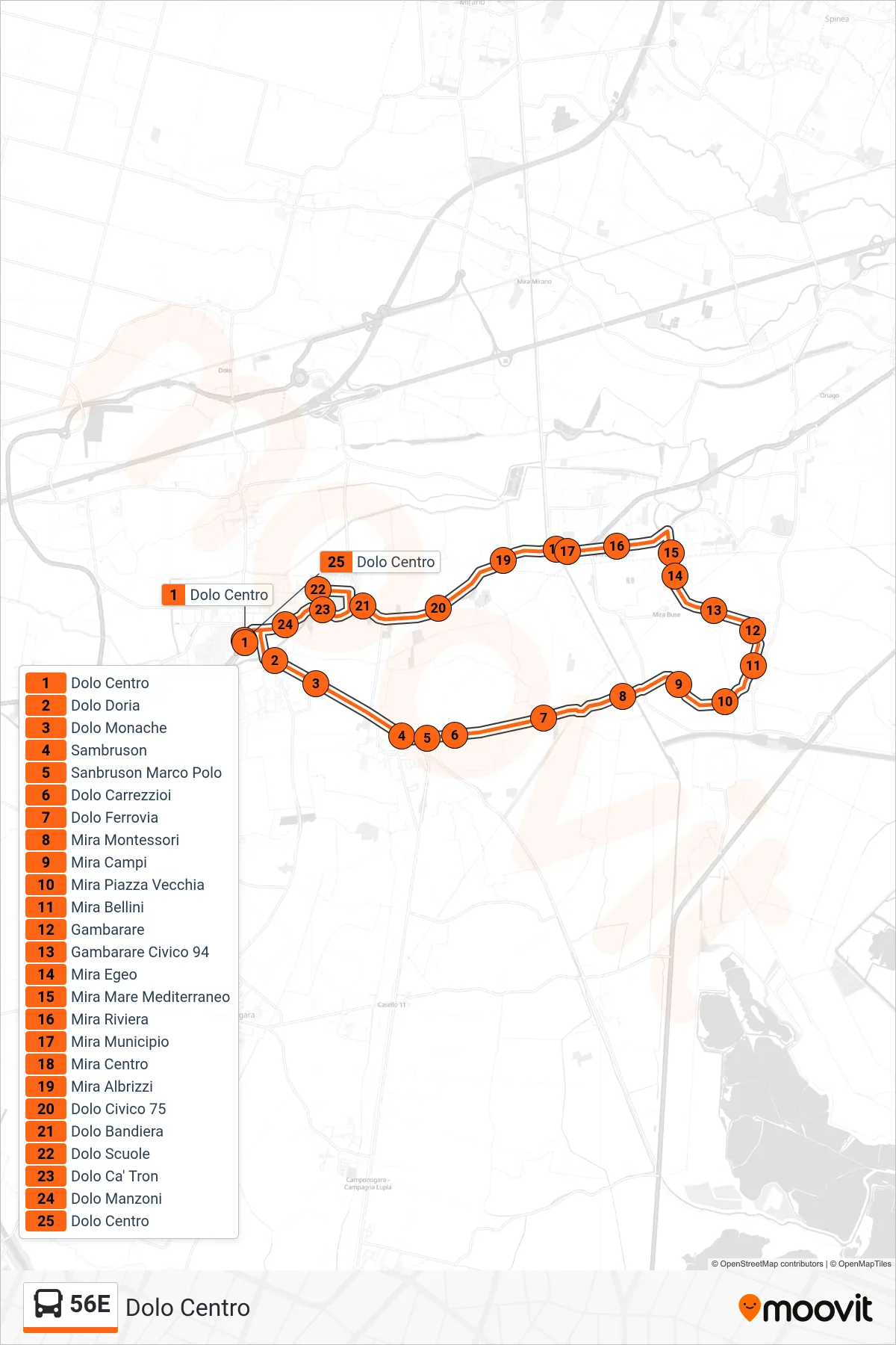 Linea 56E  bus (Dolo Centro) - Percorsi e fermate sulla mappa