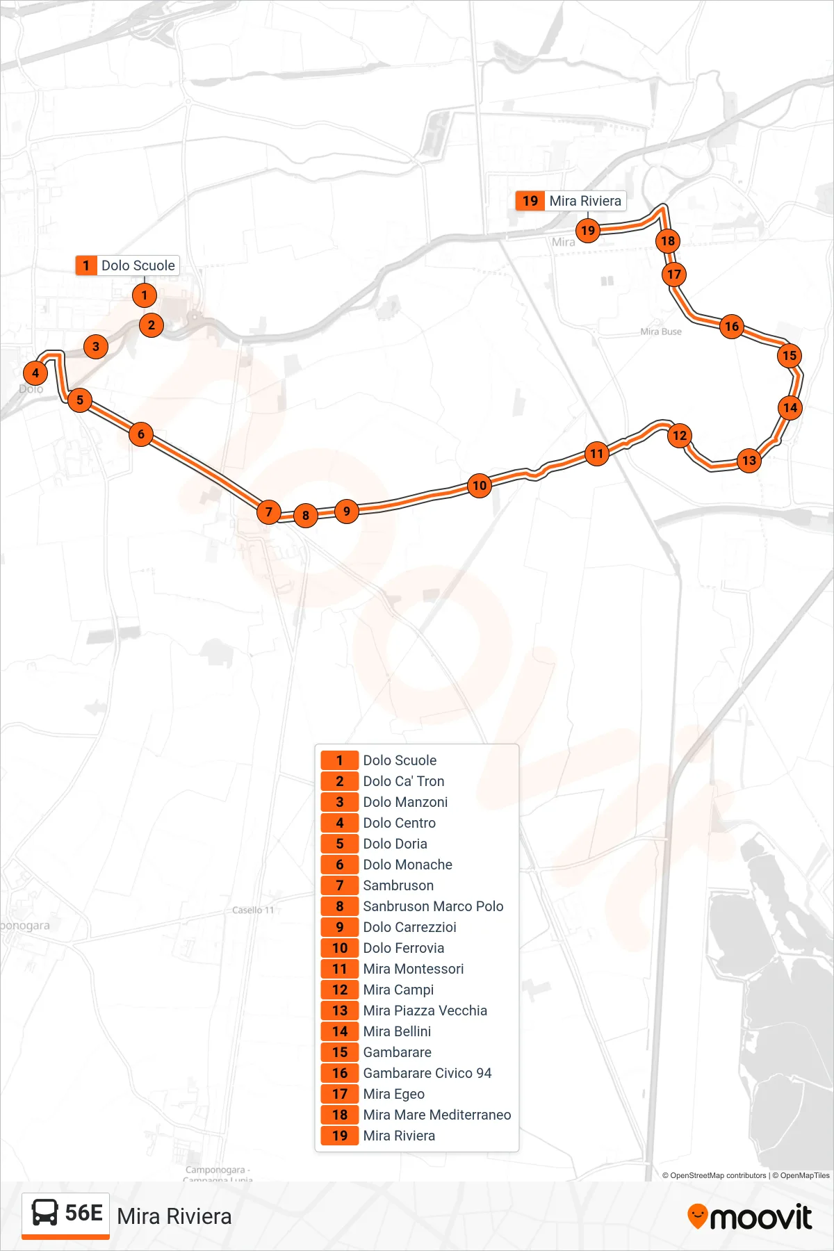 Linea 56E  bus (Mira Riviera) - Percorsi e fermate sulla mappa