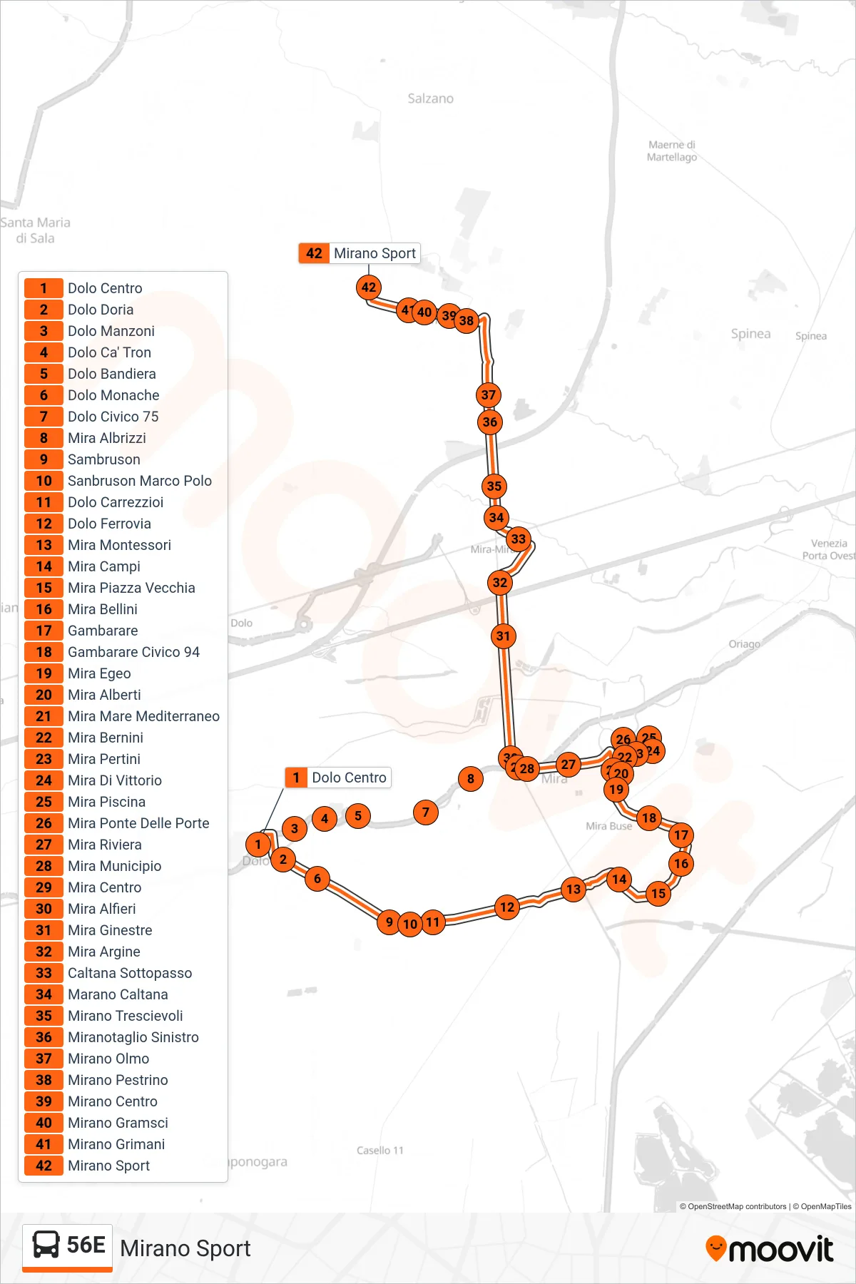 Linea 56E  bus (Mirano Sport) - Percorsi e fermate sulla mappa