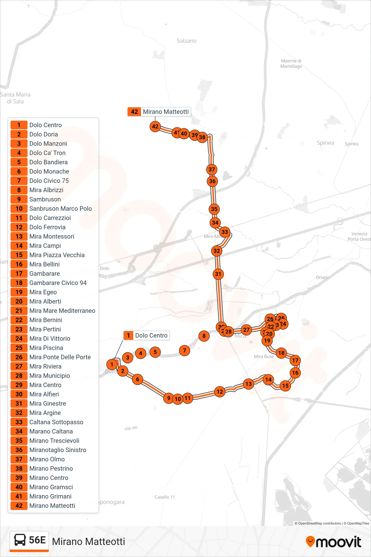Linea 56E  bus (Mirano Matteotti) - Percorsi e fermate sulla mappa