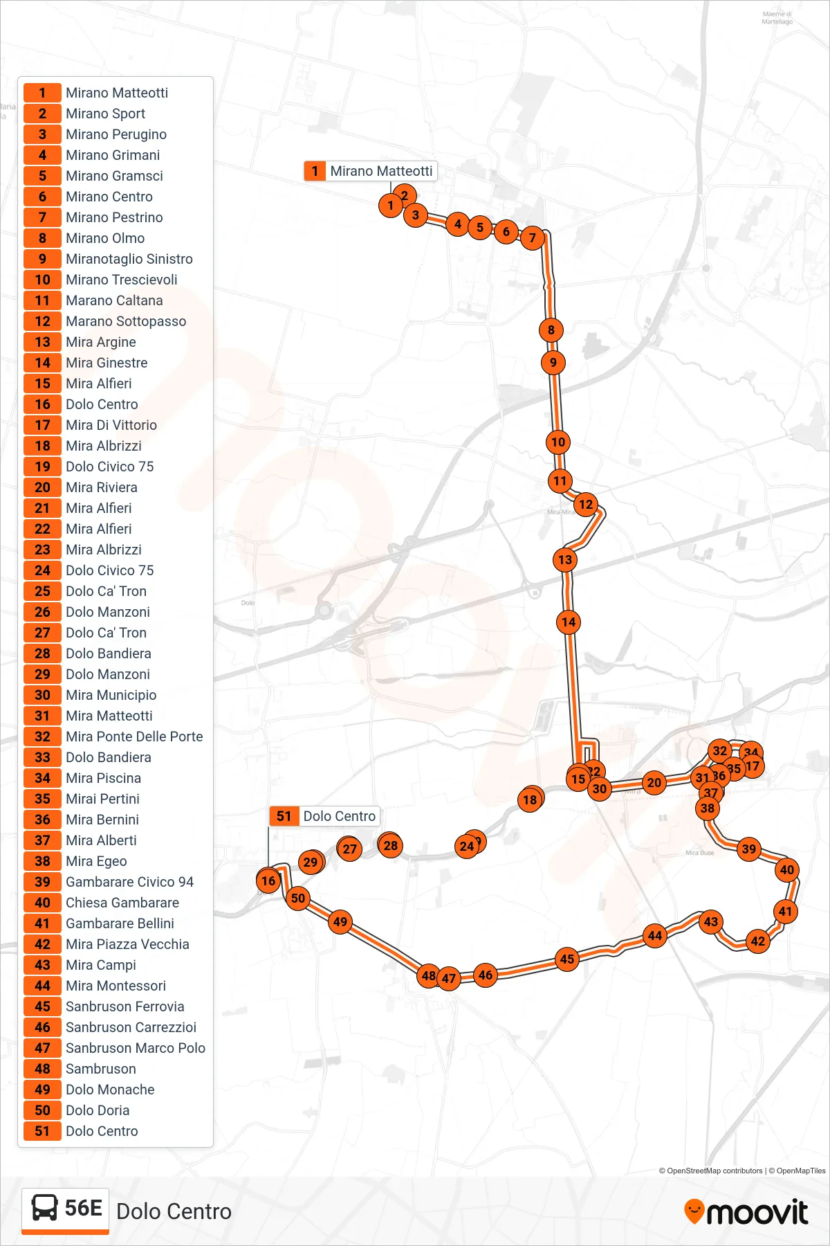 Linea 56E bus (Dolo Centro) - Percorsi e fermate sulla mappa