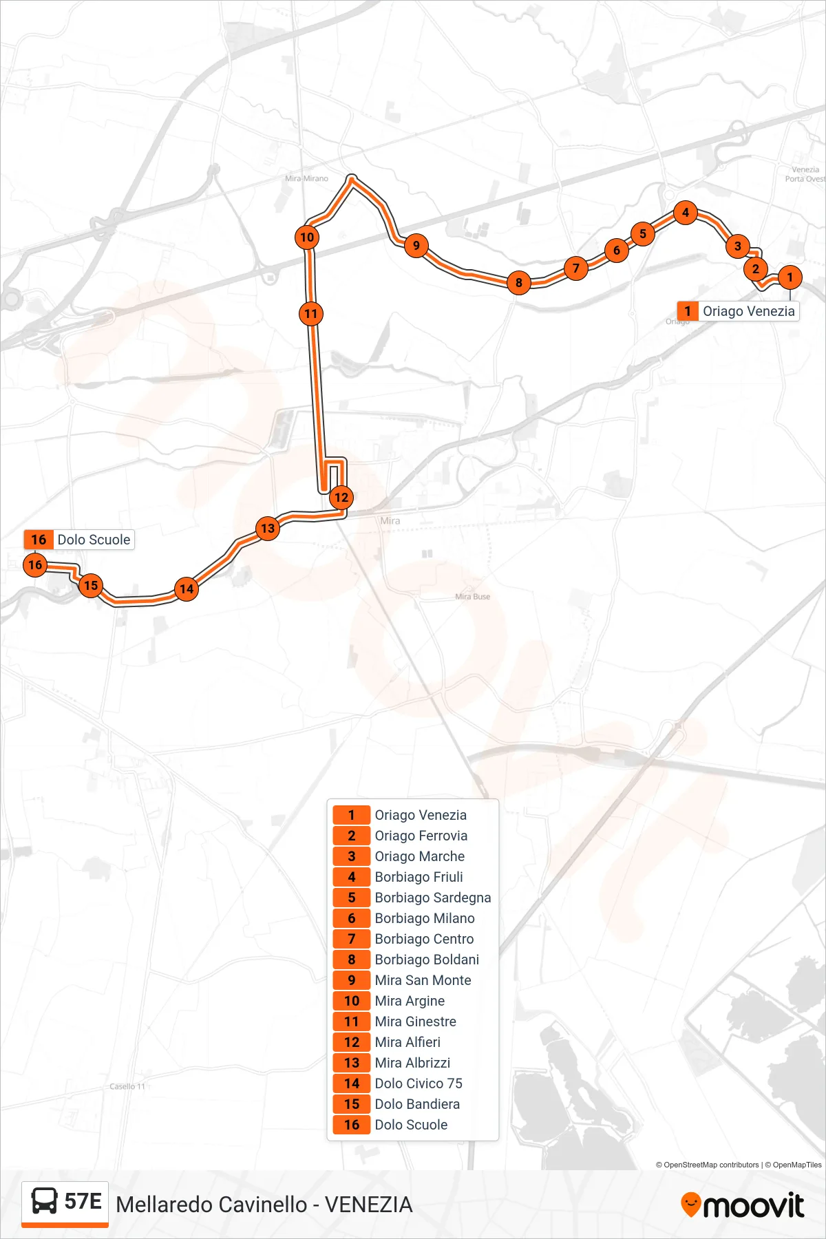 Linea 57E bus (Dolo Scuole) - Percorsi e fermate sulla mappa