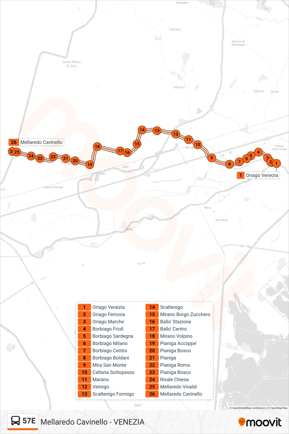 Linea 57E  bus (Mellaredo Cavinello) - Percorsi e fermate sulla mappa