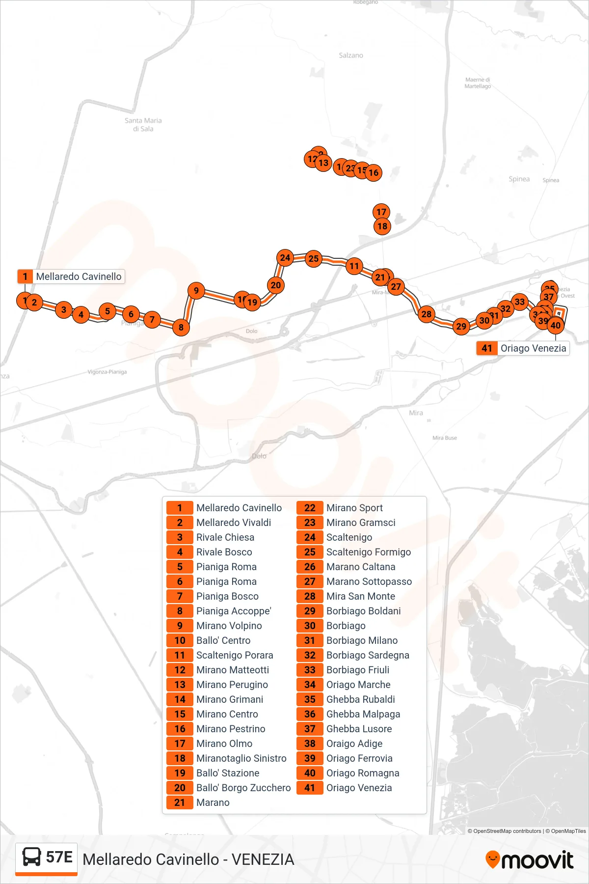 Linea 57E  bus (Oriago Venezia) - Percorsi e fermate sulla mappa